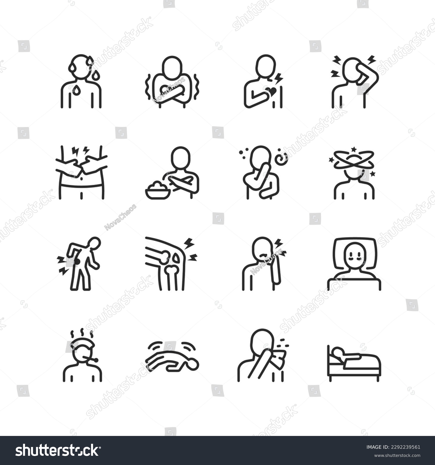 Disease, sickness, linear style icons set. Deteriorating health, illness. Person is sick. Viral illness, fever, chills, pain of organs, pain of parts of the body, disorders. Editable stroke width #2292239561