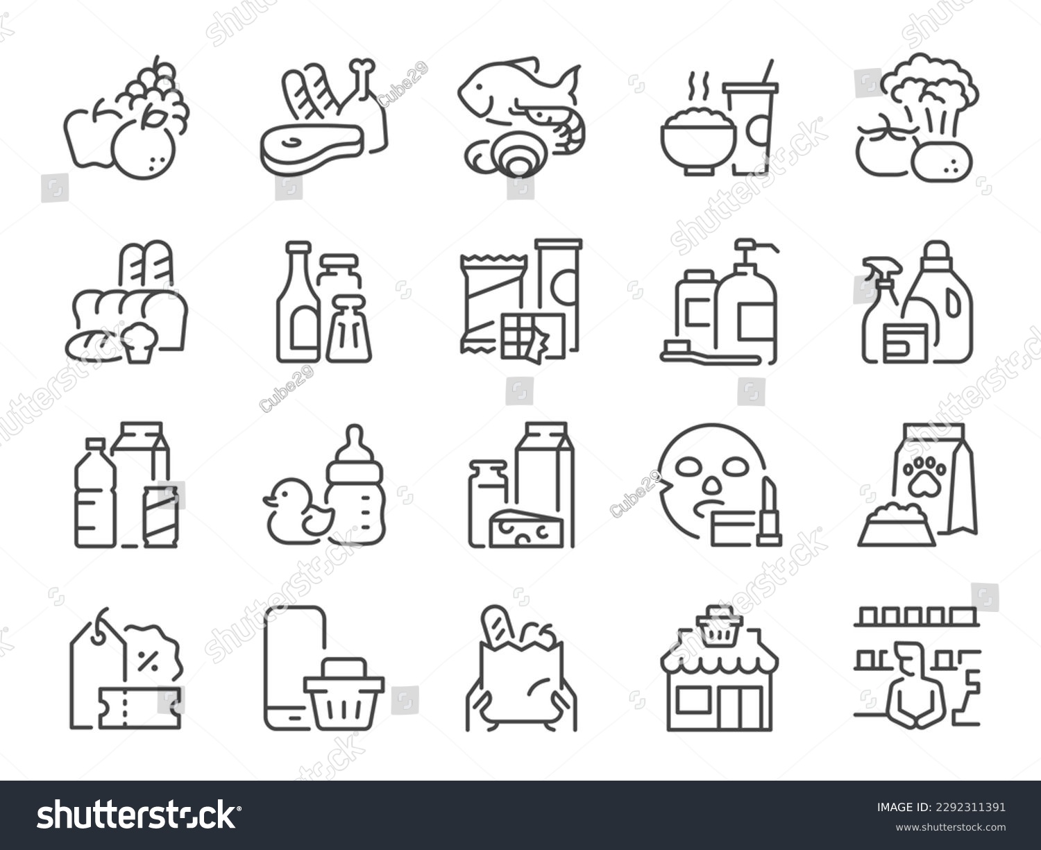 Grocery types icon set. It included Grocery shop, store, super market, mart, flea market, and more icons. #2292311391