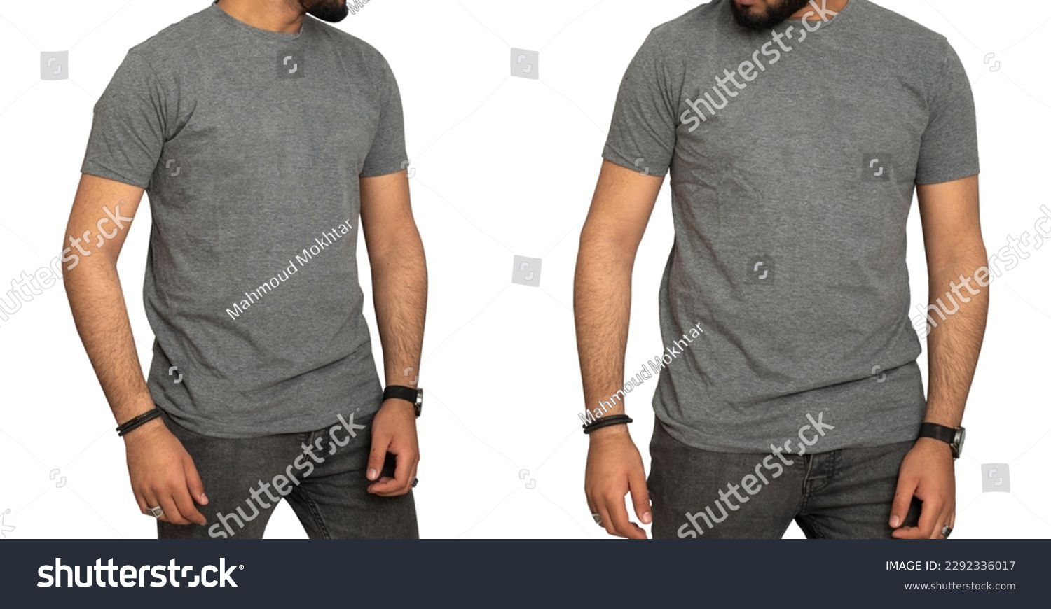 young man wearing a dark gray casual t-shirt. Side view, and front view of a mock up template for a t-shirt design print #2292336017