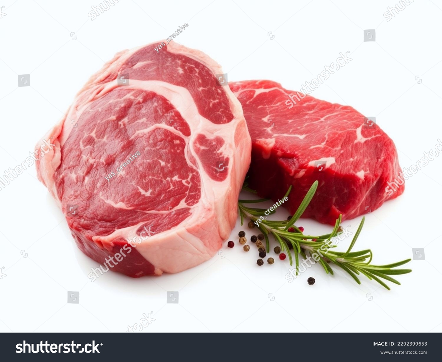 Raw beef steak with rosemary and peppercorns on white background #2292399653