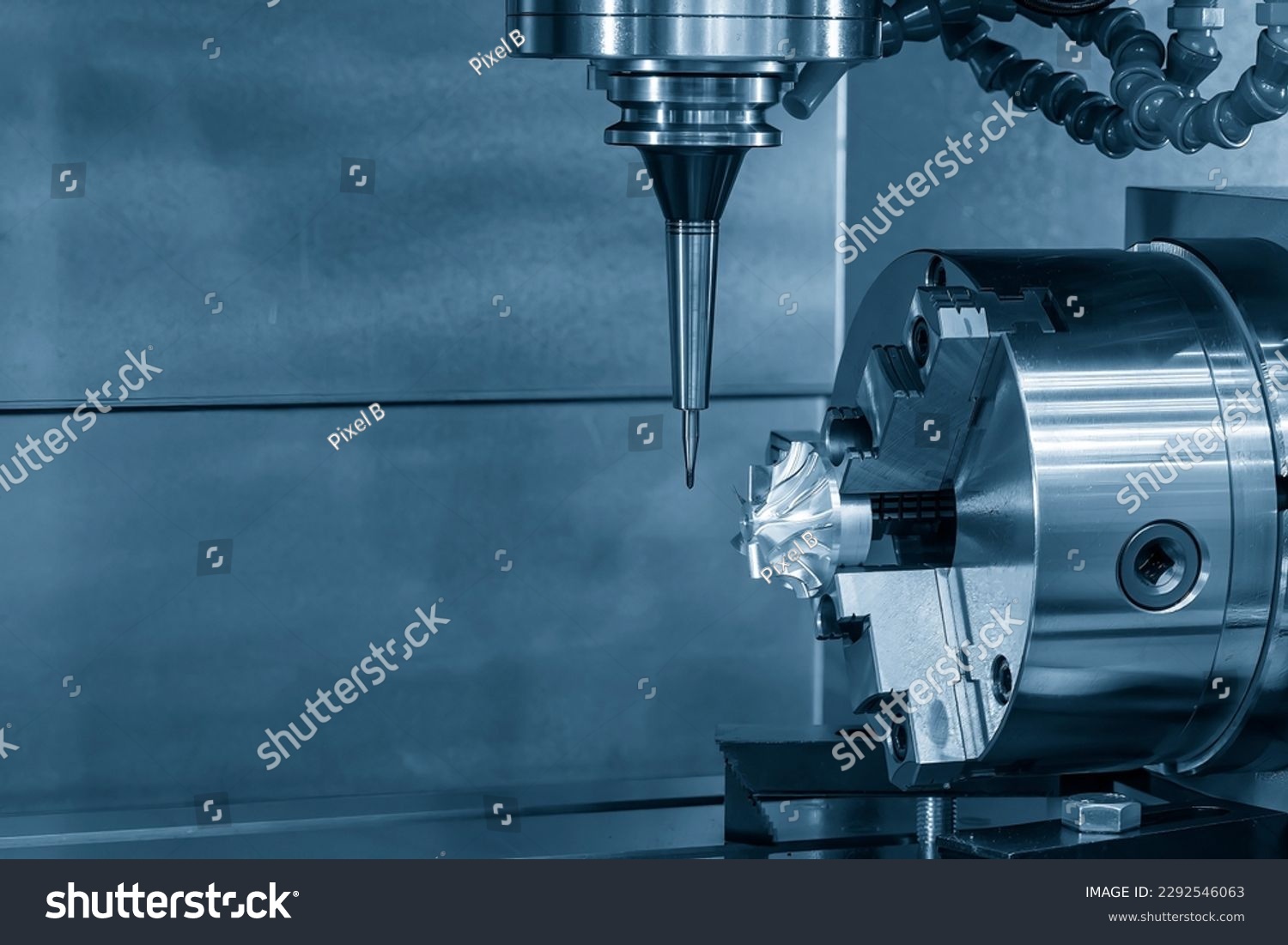 The 4-axis CNC milling machine  cutting the turbocharger part with solid ball end mill tool. The hi-technology automotive  parts manufacturing process by 5-axis machining center. #2292546063