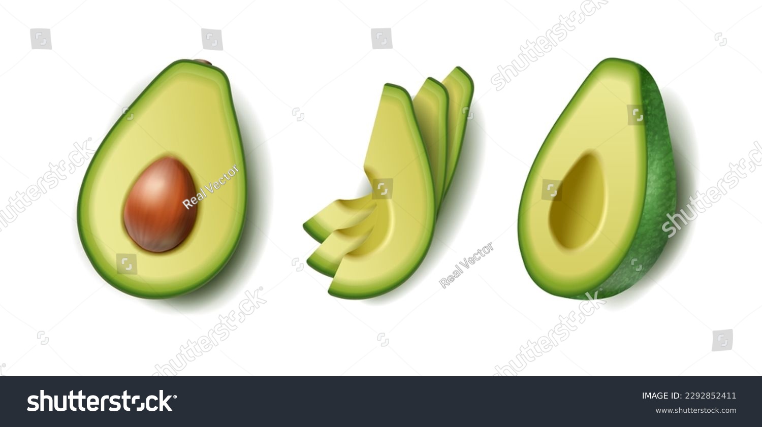 3d realistic vector icon set. Avocado set in half sliced. Isolated on white background. #2292852411