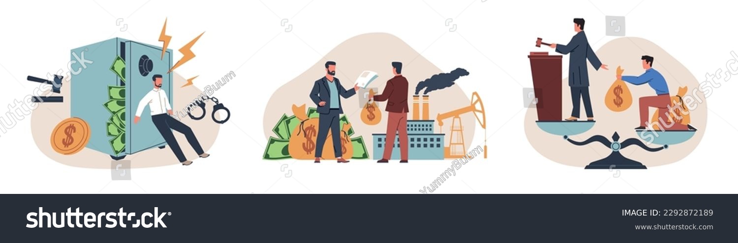 Corruption scenes. Concealment of income and tax evasion, judge bribery, financial fraud, people illegal activities, crimes for money, cartoon flat isolated illustration. Nowaday vector set #2292872189