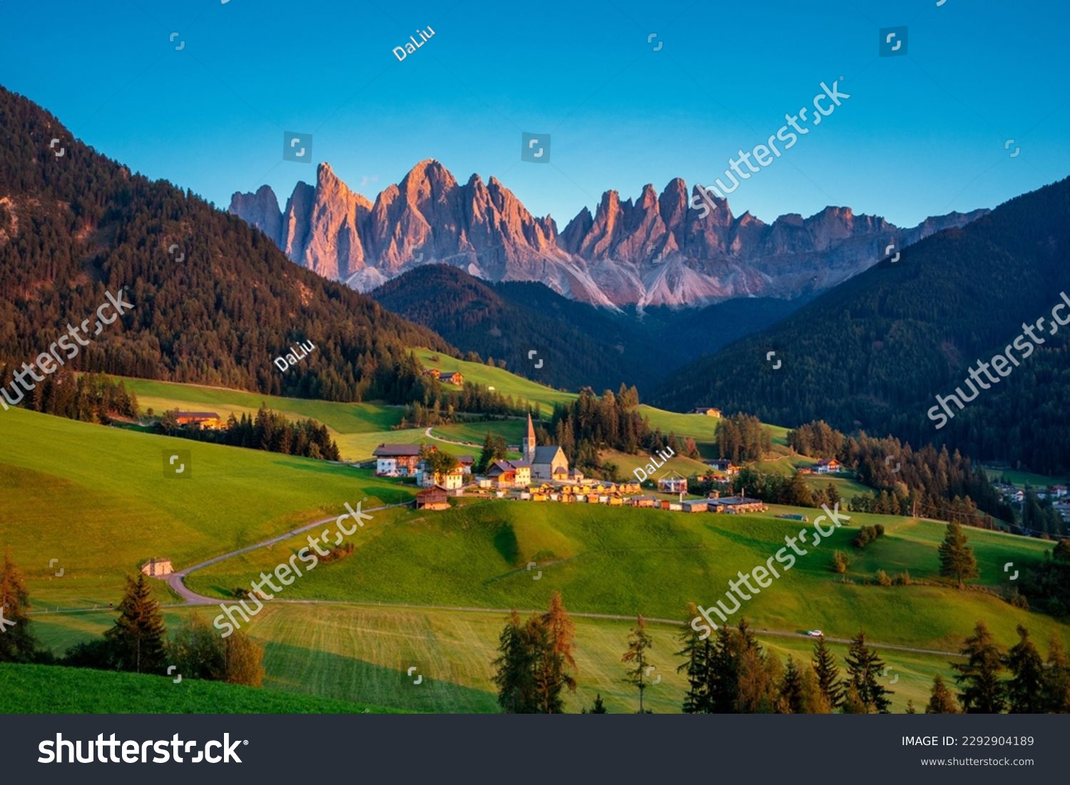 Santa Maddalena (Santa Magdalena) village with magical Dolomites mountains in background, Val di Funes valley, Trentino Alto Adige region, South Tyrol, Italy, Europe. Santa Maddalena Village, Italy.  #2292904189