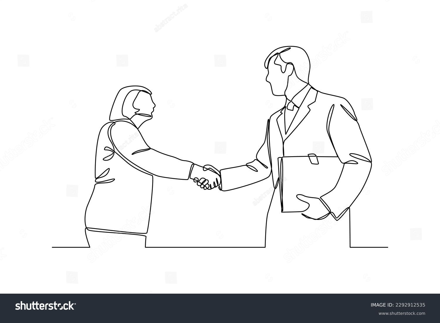 Continuous one line drawing customers shake hands making deal for insurance. Insurance concept. Single line draw design vector graphic illustration. #2292912535