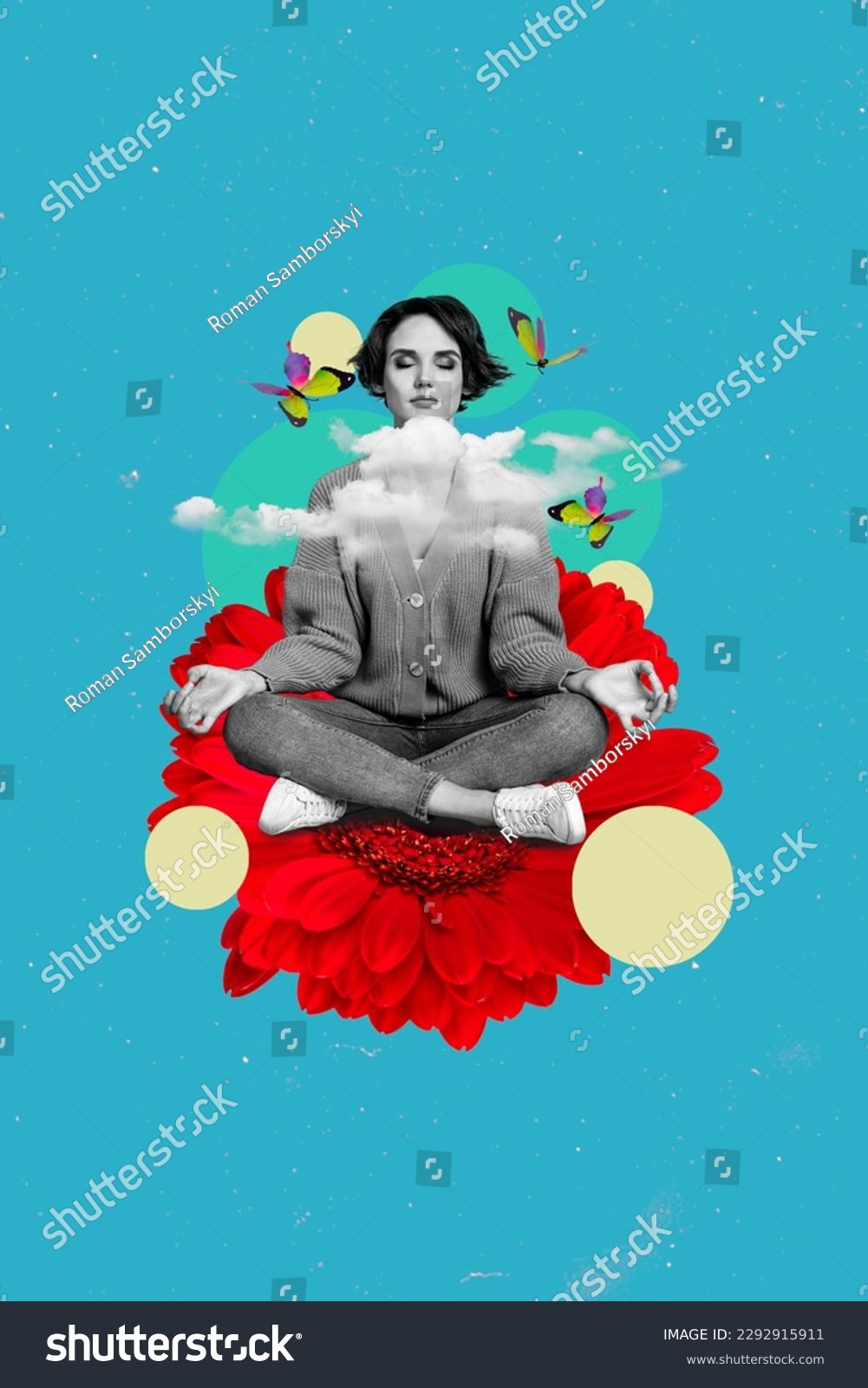 Vertical collage image artwork illustration of pretty girl sitting relaxing showing om symbol fly dreams blue color painting background #2292915911