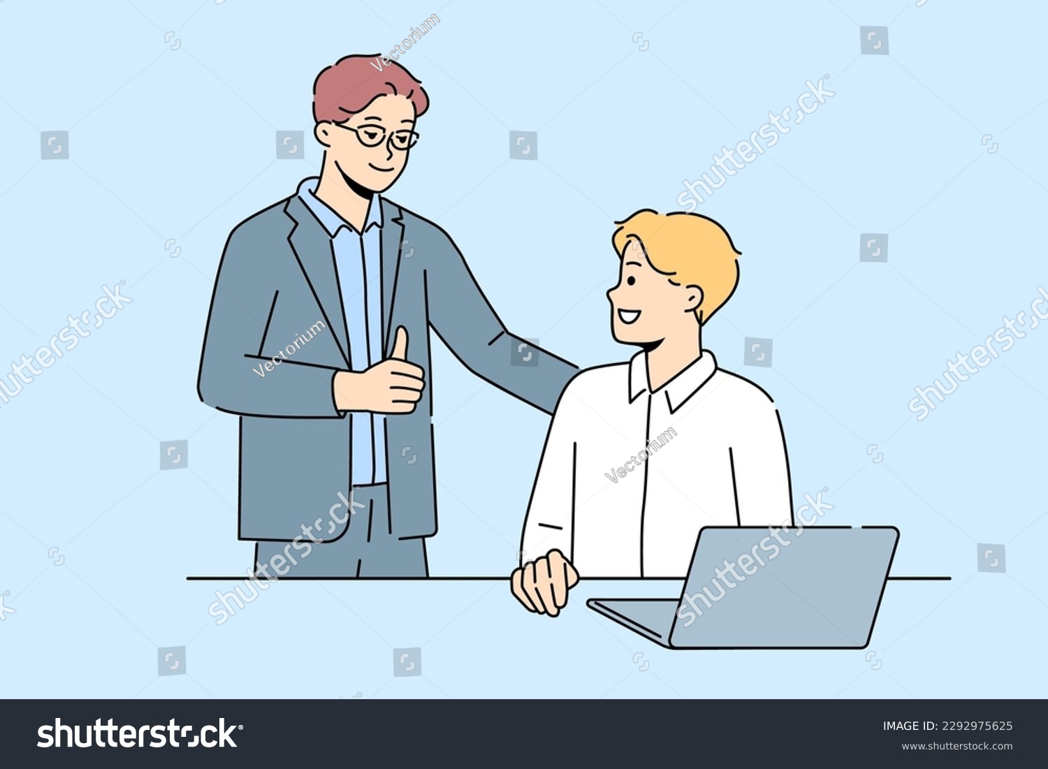 Smiling businessman show thumb up to male employee working on laptop in office. Happy employer praise good working man busy at computer. Vector illustration.  #2292975625