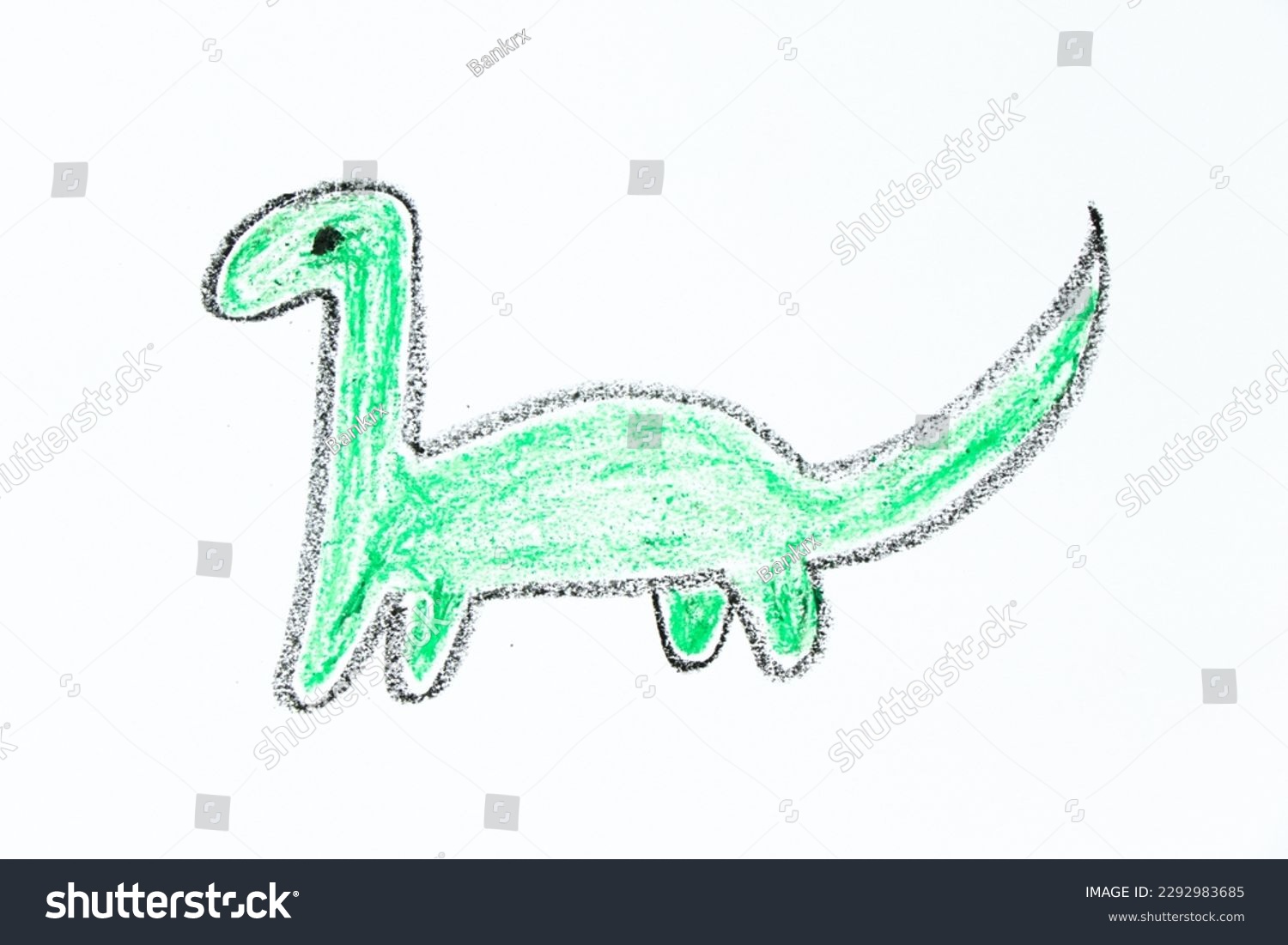Green color oil pastel hand drawing in dinosaur (brachiosaurus) shape on white paper background #2292983685