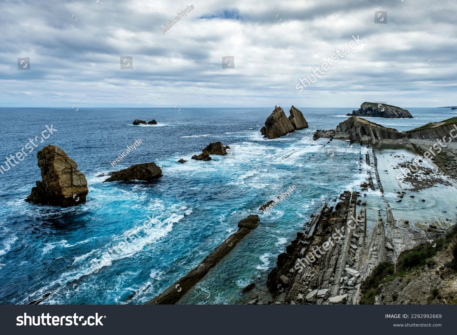 Wave-cut abrasion platform in La Arnia beach, Liencres, Costa Quebrada, Broken Coast, Cantabria, Spain #2292992669