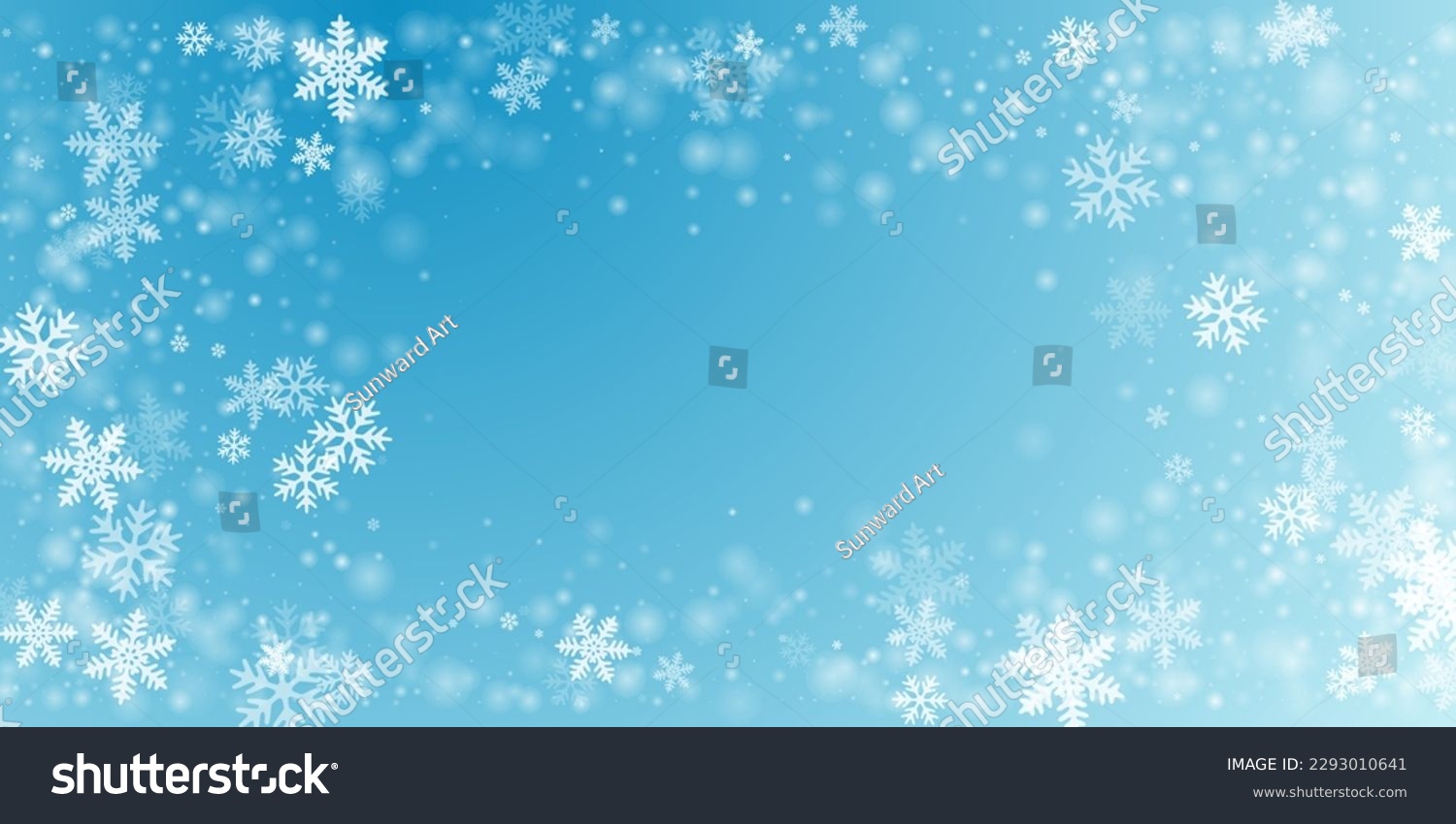Magical heavy snowflakes backdrop. Winter fleck frozen shapes. Snowfall sky white teal blue pattern. Shimmering snowflakes january texture. Snow nature scenery. #2293010641