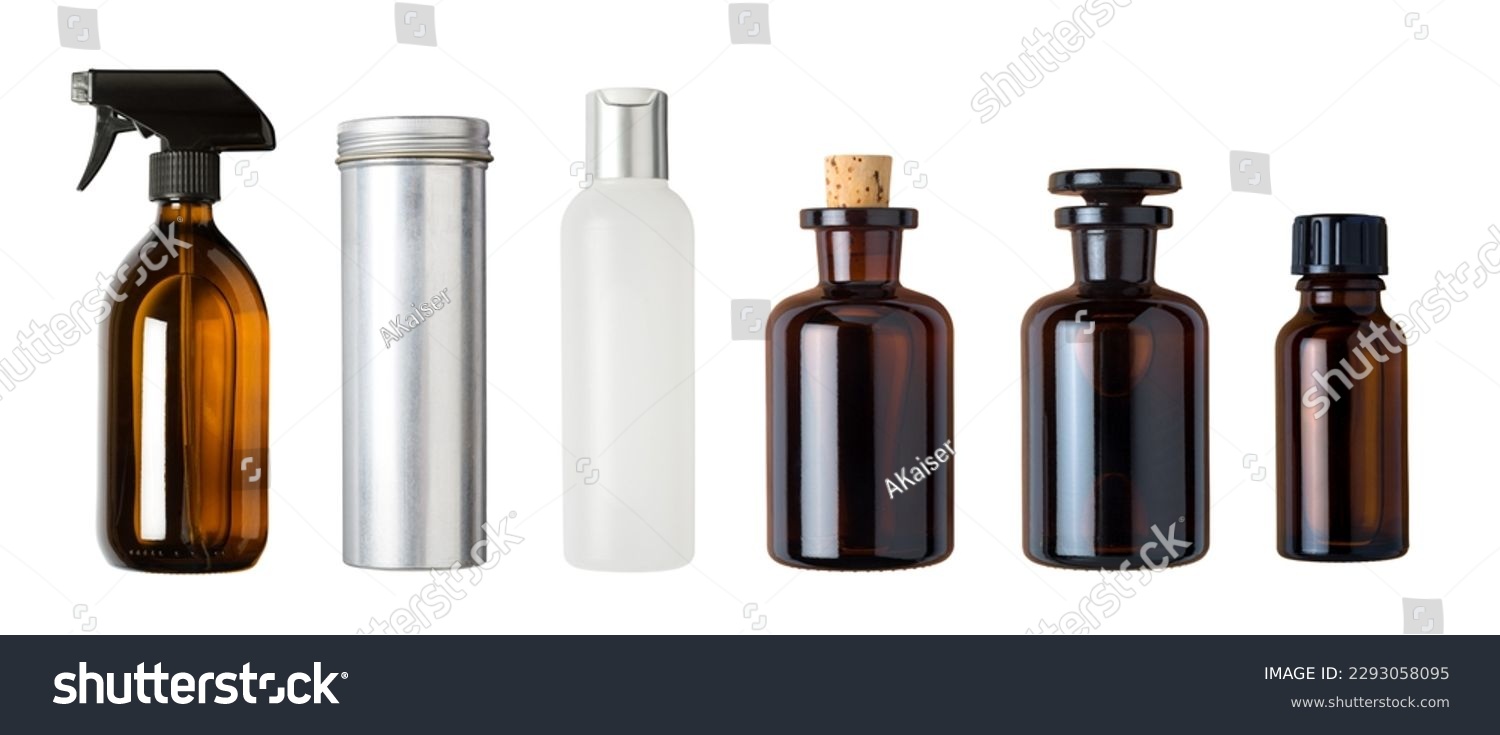 various blank bottles and containers - spray bottle, aluminium tin with screw lid, amber glass bottles and a white one, isolated packaging design elements, front view #2293058095