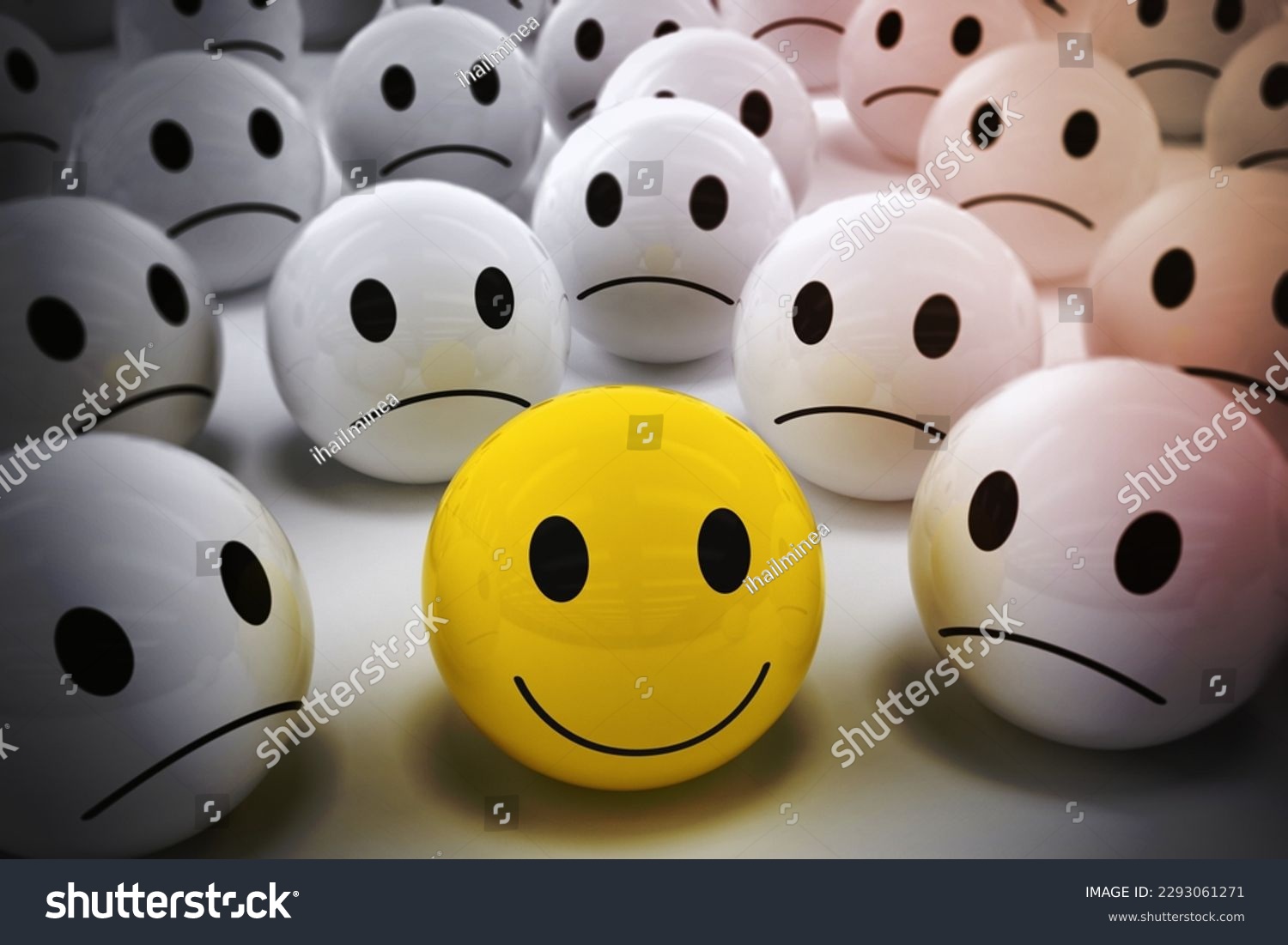 3D Rendering yellow ball with smiley face among so many white sad balls. happy leader supports his negative team #2293061271