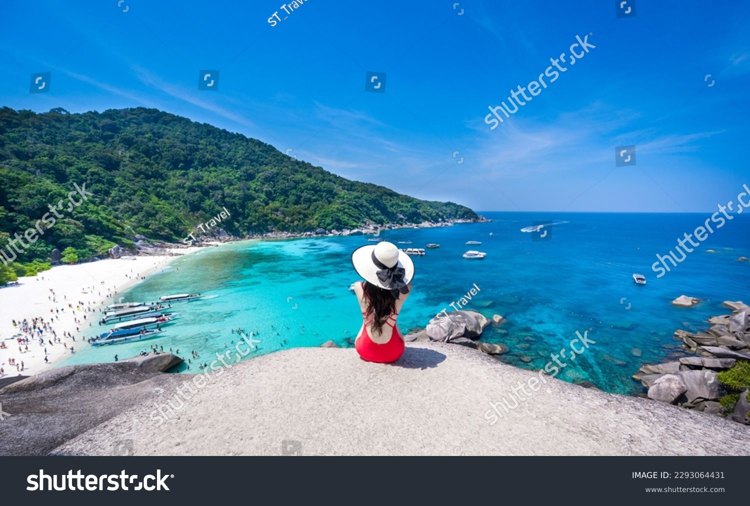 Asian woman in bikini with white sandy beach view Turquoise water at Similan Islands, Thailand #2293064431
