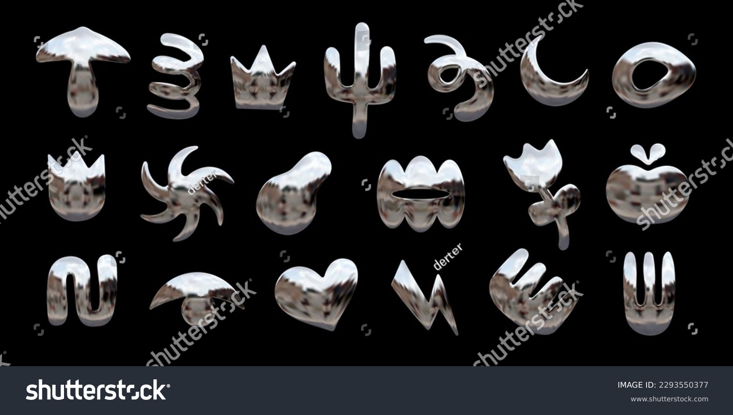 Set of various isolated chrome 3D elements in Y2K design style, shiny metallic vector abstract shapes - flower, heart, moon, crown, cactus, spiral, eye, lightning, mushroom #2293550377