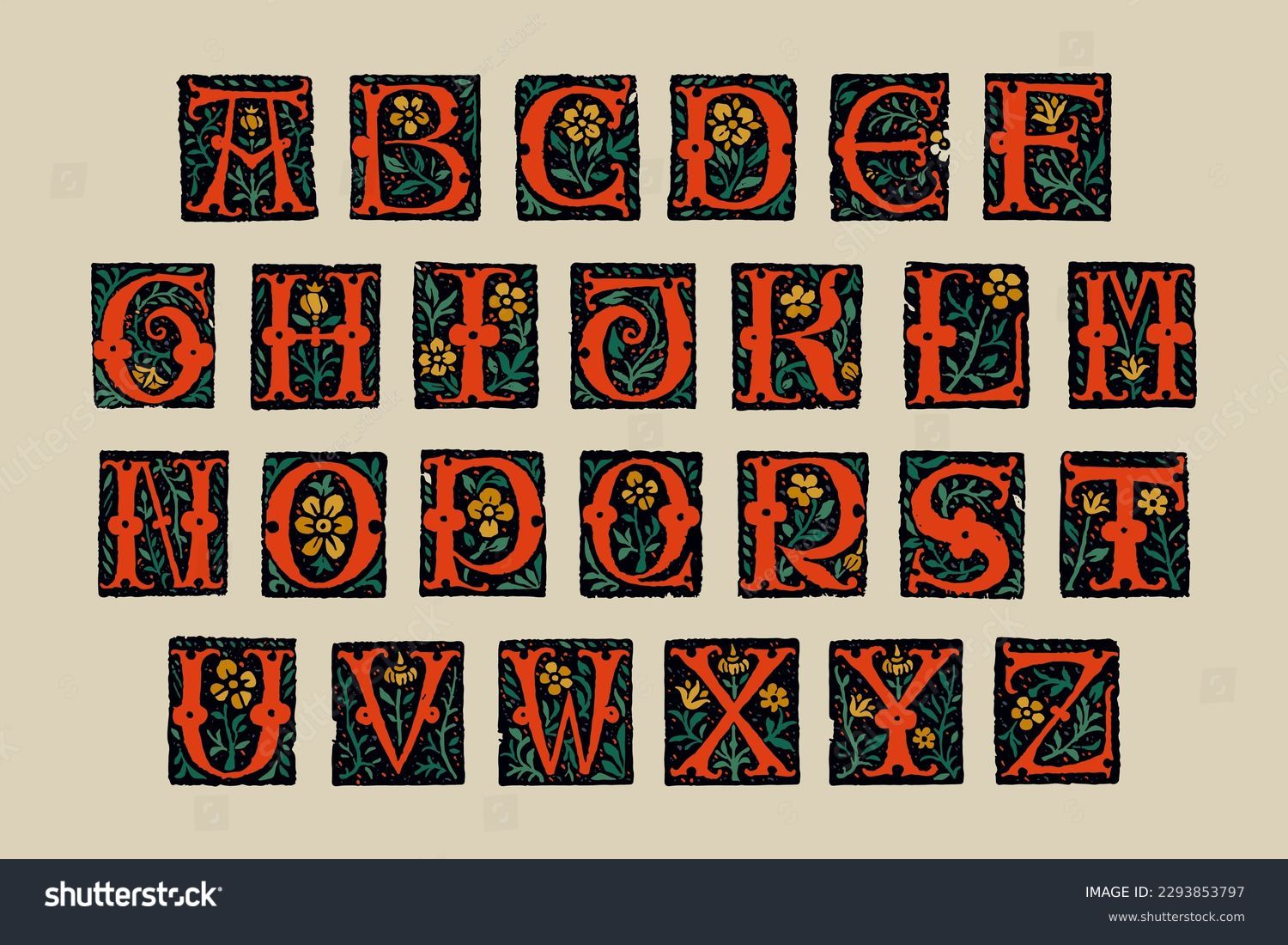 Medieval alphabet. Grunge gothic initials. 16th century engraved drop caps. Blackletter style vintage font. Middle Ages capital letters with floral ornament. Vector square illuminated calligraphy. #2293853797