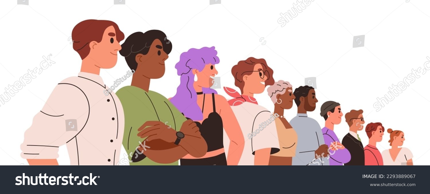 People group together in row. United business team, union, confident community standing in line, perspective view. Fellowship concept. Flat graphic vector illustration isolated on white background #2293889067
