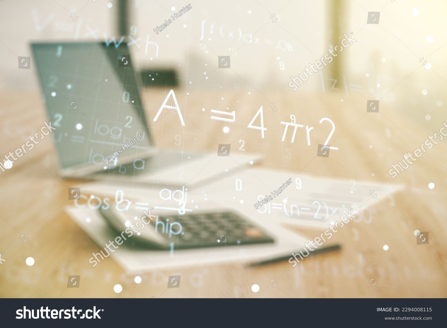 Scientific formula hologram on calculator and pc background, research concept. Multiexposure #2294008115