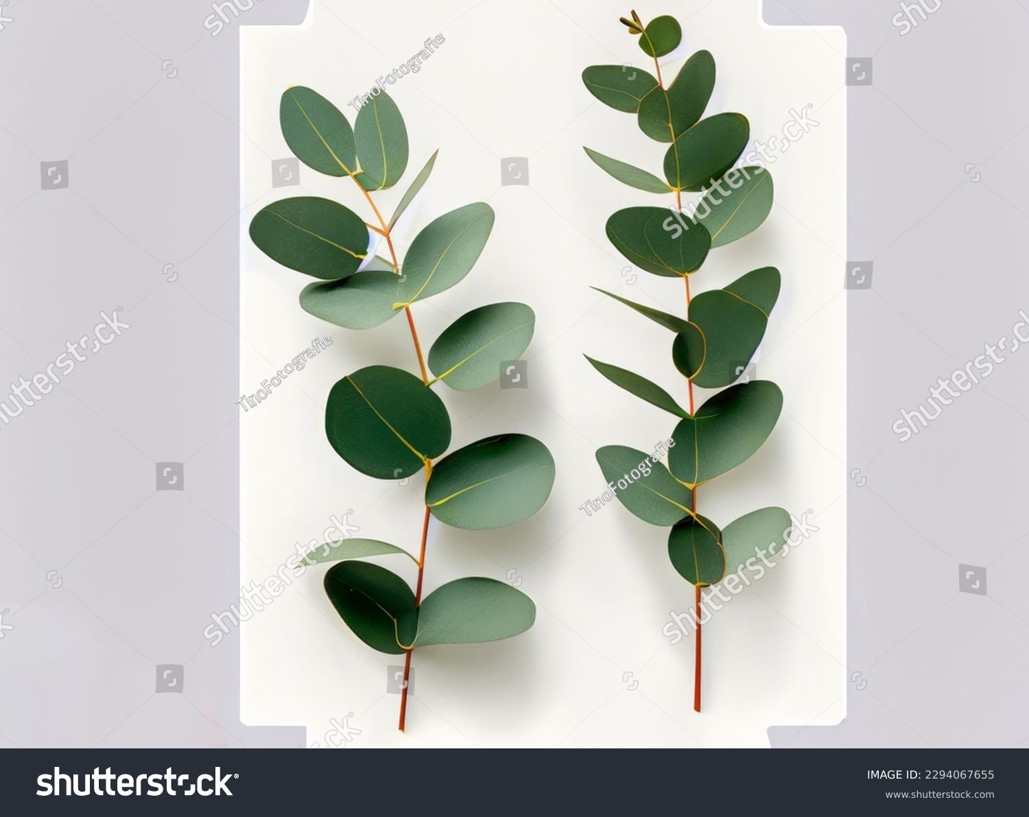two eucalyptus twigs isolated over white background, natural design elements or props for flatlays and digital floristry, top view . High quality photo #2294067655