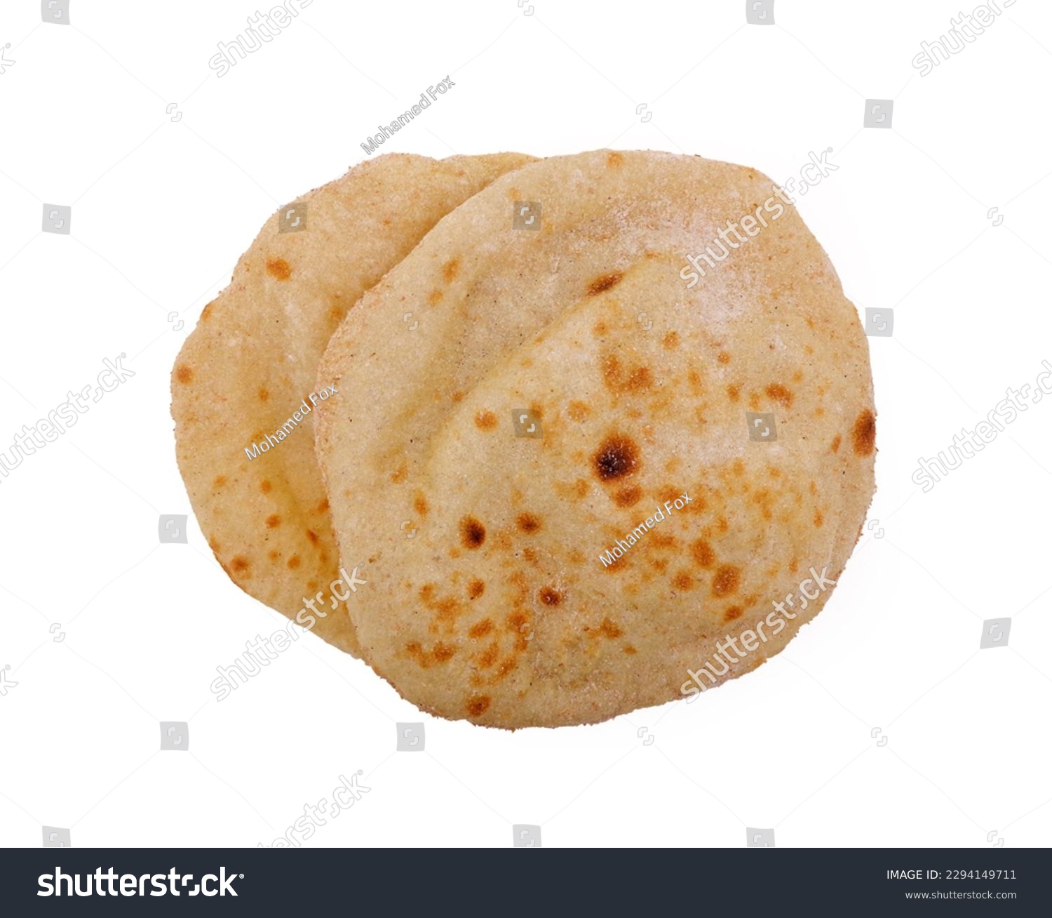 Egyptian Bread with Bran Two loaves aish baladi isolated on white background top view #2294149711