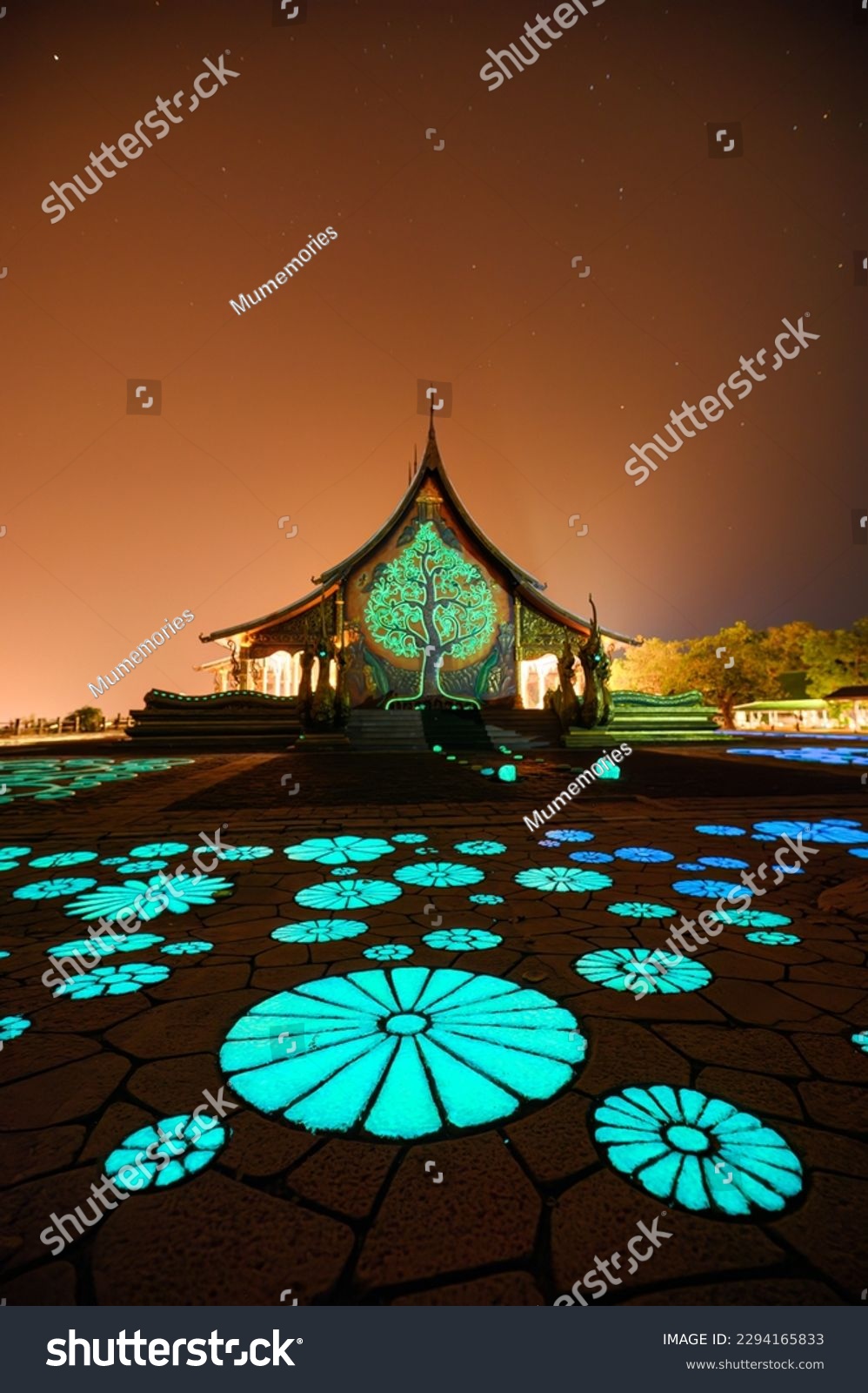 Beautiful architecture of Church temple with bodhi tree glowing and fluorescence lotus painting on the floor at Wat Sirindhorn Wararam or Wat Phu Prao at Ubon Ratchathani, Thailand #2294165833