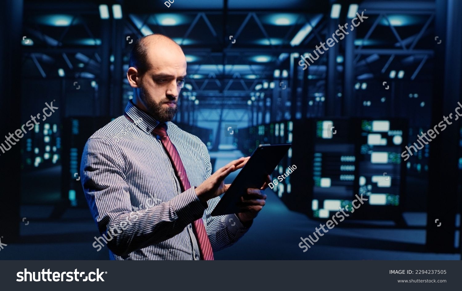 Information security officer working in data center with tablet, analyzing server rack cabinets in render farm. IT support specialist inspecting cloud computing system, ai concept. Tripod shot. #2294237505