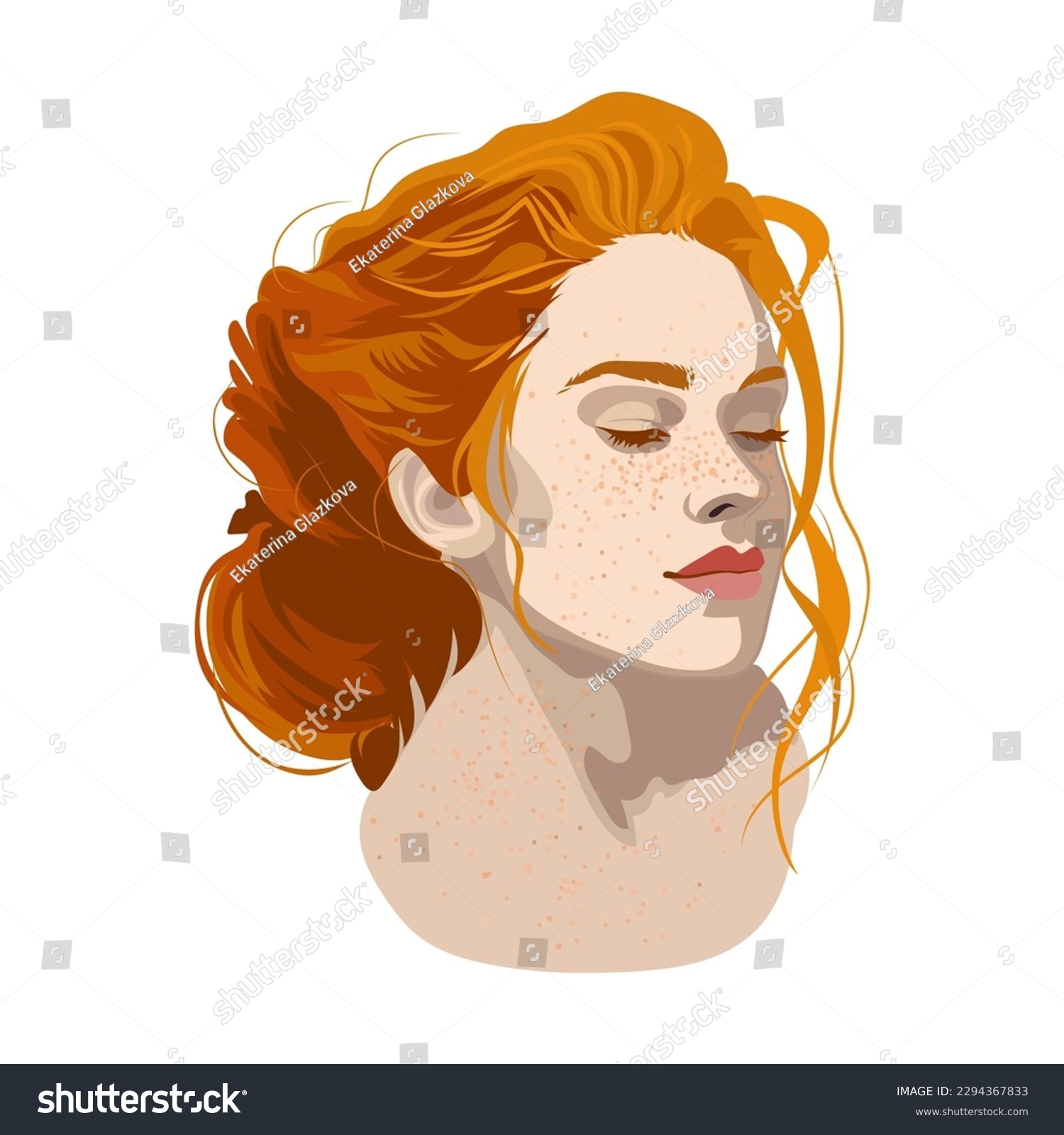 Portrait of a beautiful girl with closed eyes, freckles and red hair with a beam. Vector illustration isolated on white background #2294367833
