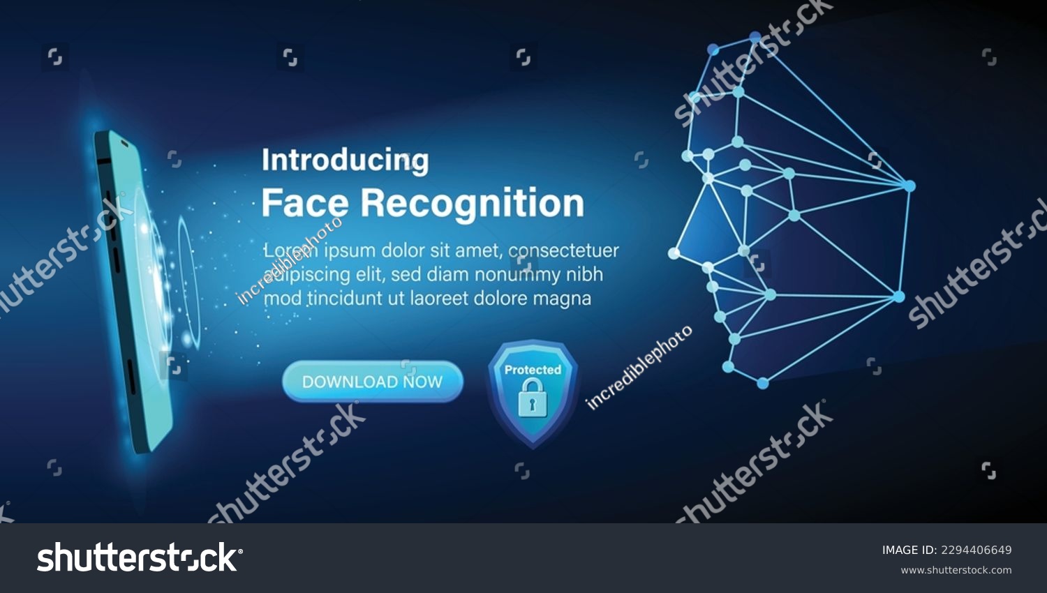 Identification of a person through facial and face recognition technology. The smartphone scans a person's face and create a polygonal mesh conposed of lines and dots. Vector illustration. #2294406649