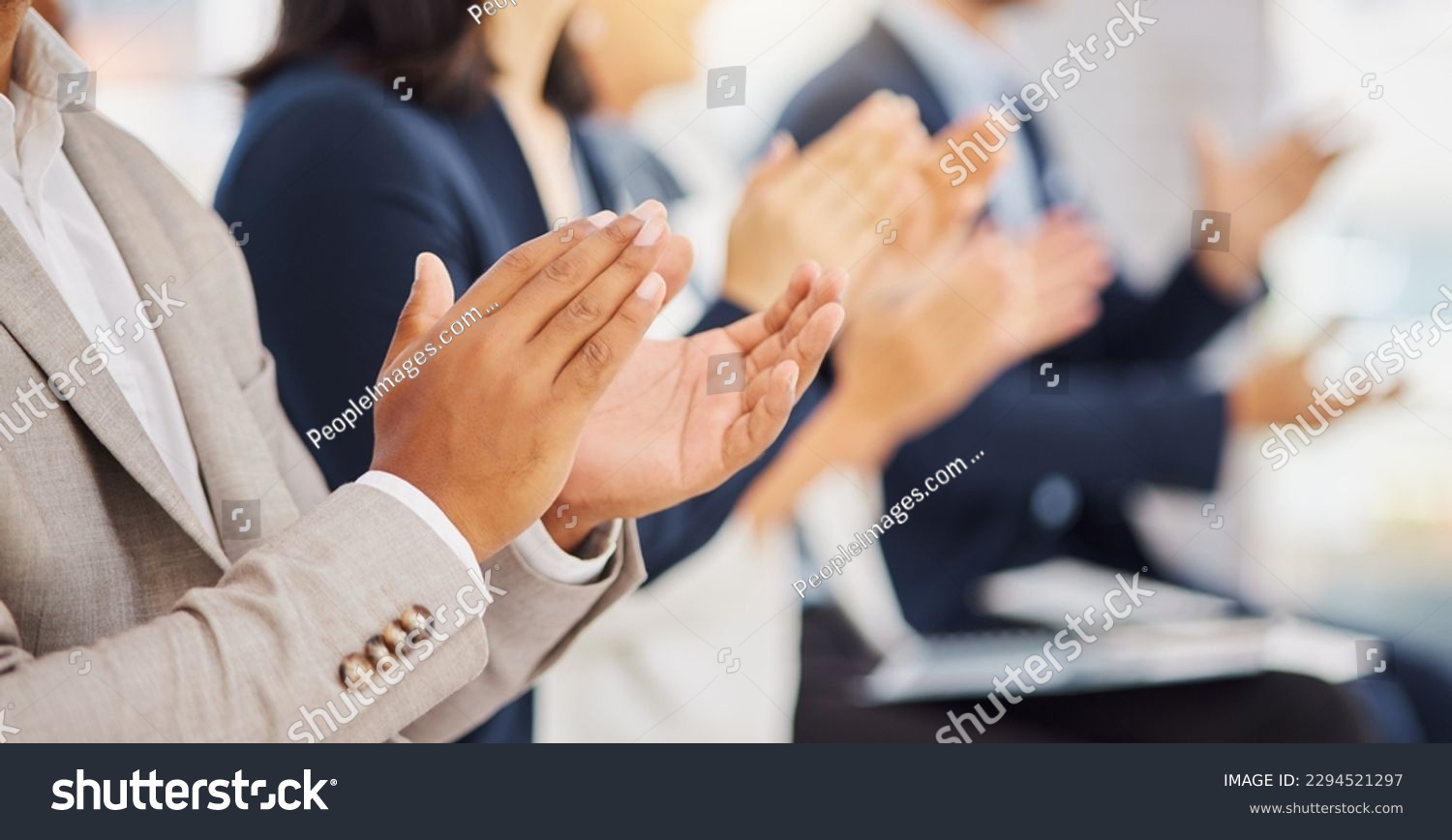 Audience row, hands or office team applause for congratulations, promotion winner or company growth. Trade show, conference meeting and seminar people clapping for convention presentation #2294521297