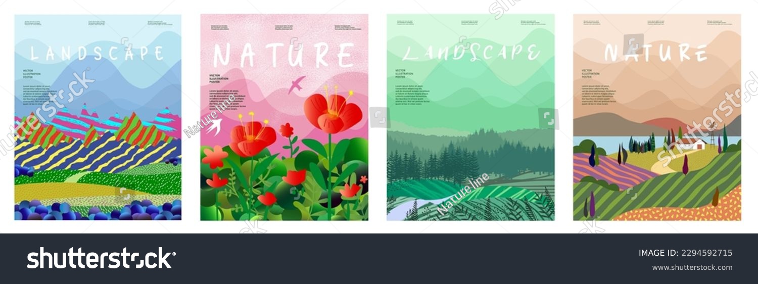 Nature and landscape, contemporary artistic poster. Vector illustration of mountains, trees, plants, fields and farms. For prints, for cover or card designs, art decoration, editable work. #2294592715