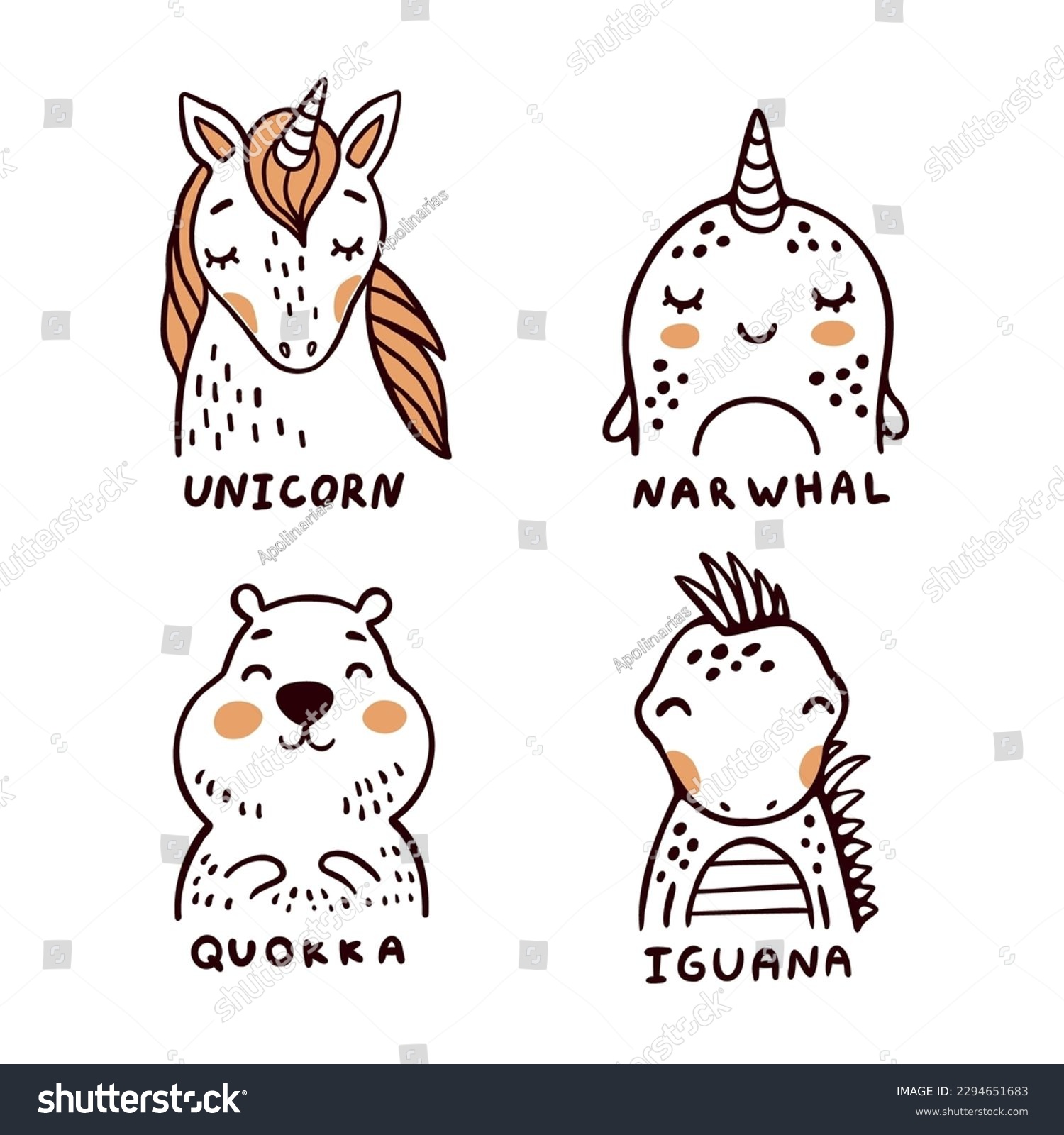 Unicorn, narwhal, quokka and iguana simple - Royalty Free Stock Vector ...