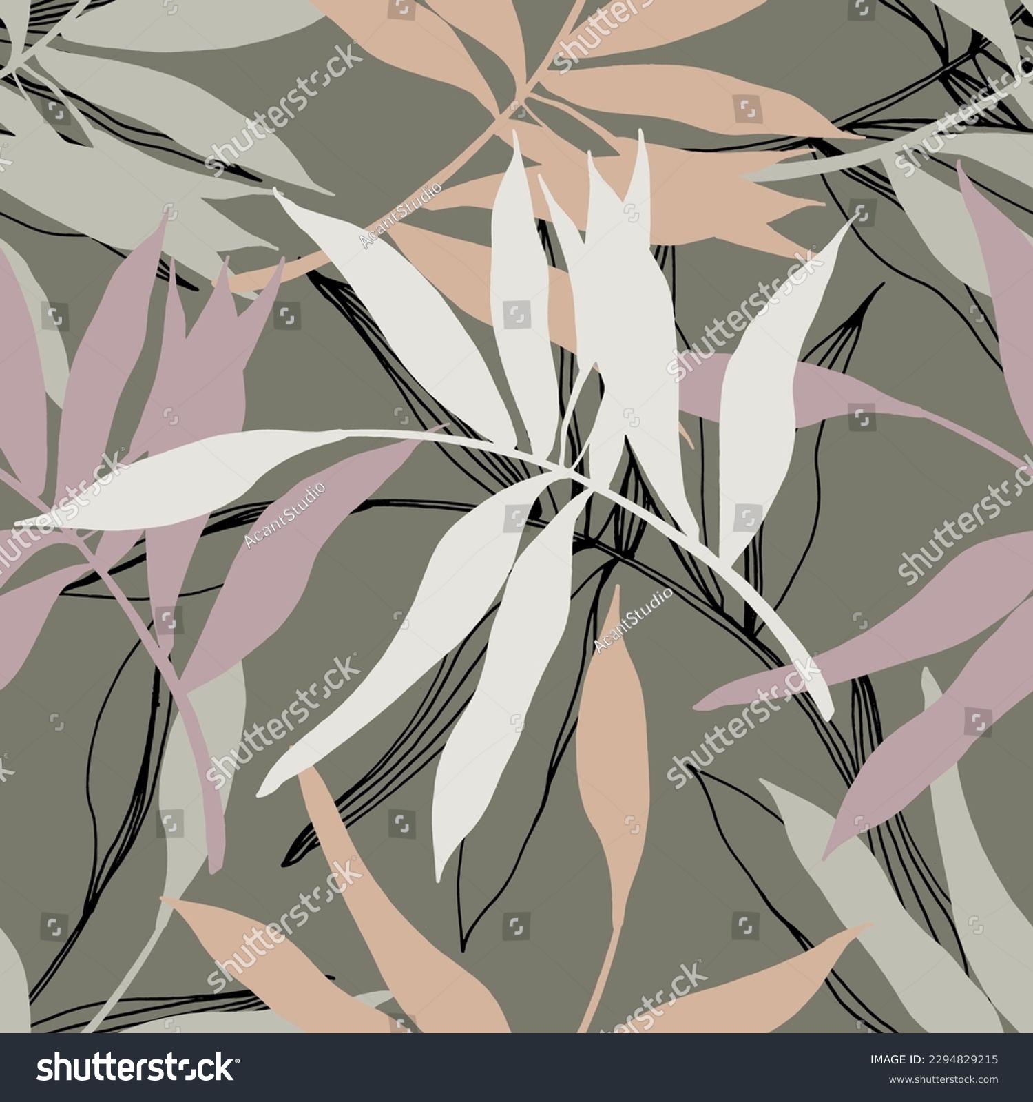 Elegant seamless pattern with green hand drawn line tropical leaves. A contemporary collage with simple shapes. Modern exotic design for paper, cover, fabric, wallpaper, interior. Vector graphics. #2294829215