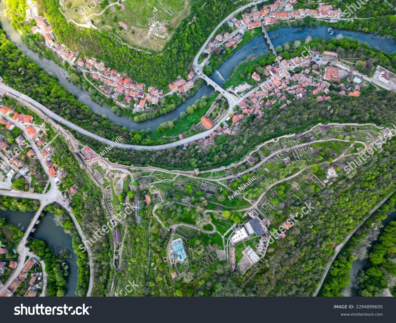 Drone view over Tsarevets hill in Veliko Tarnovo, Bulgaria #2294899605