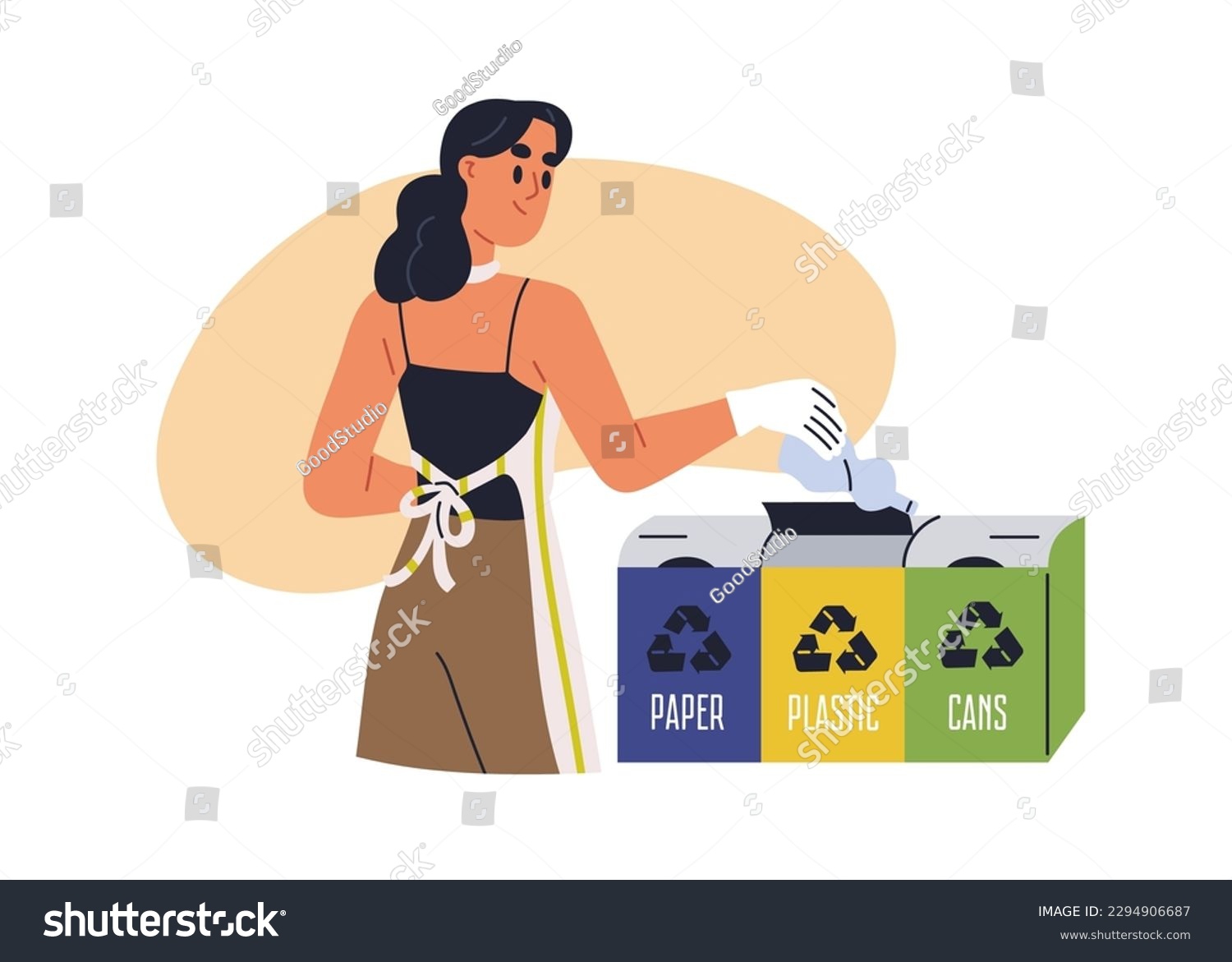 Garbage, trash sorting concept. Person throwing, utilizing plastic bottle into rubbish container, dustbin. Woman separating waste, refuse. Flat graphic vector illustration isolated on white background #2294906687