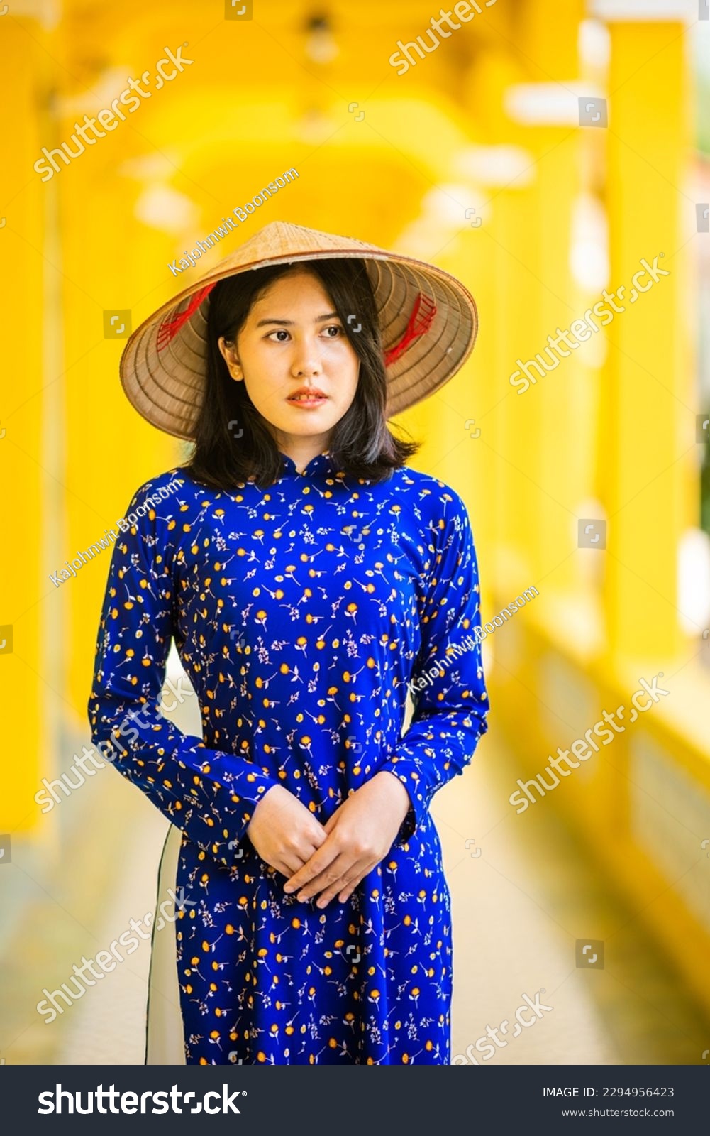 Beautiful Asian woman dress in Ao Dai Vietnamese long dress  the Vietnamese national costume with Vietnamese conical hat. #2294956423