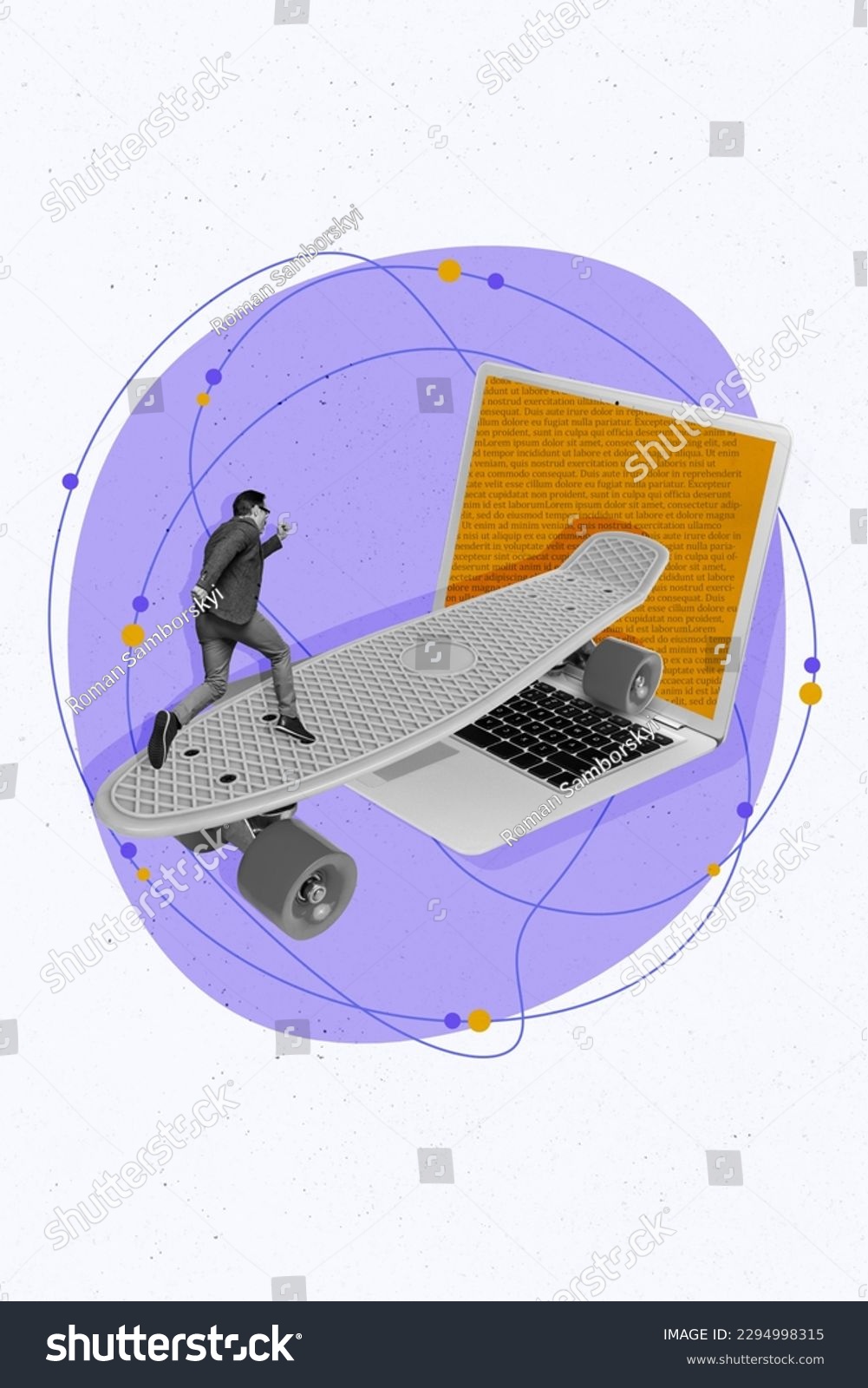 Artwork sketch collage photo of running man riding skateboard inside laptop screen browsing internet news isolated on purple background #2294998315