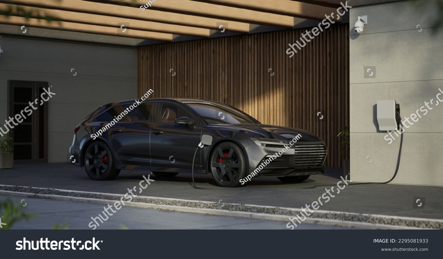 Generic electric vehicle EV hybrid car is being charged from a wallbox near a contemporary modern residential building house #2295081933
