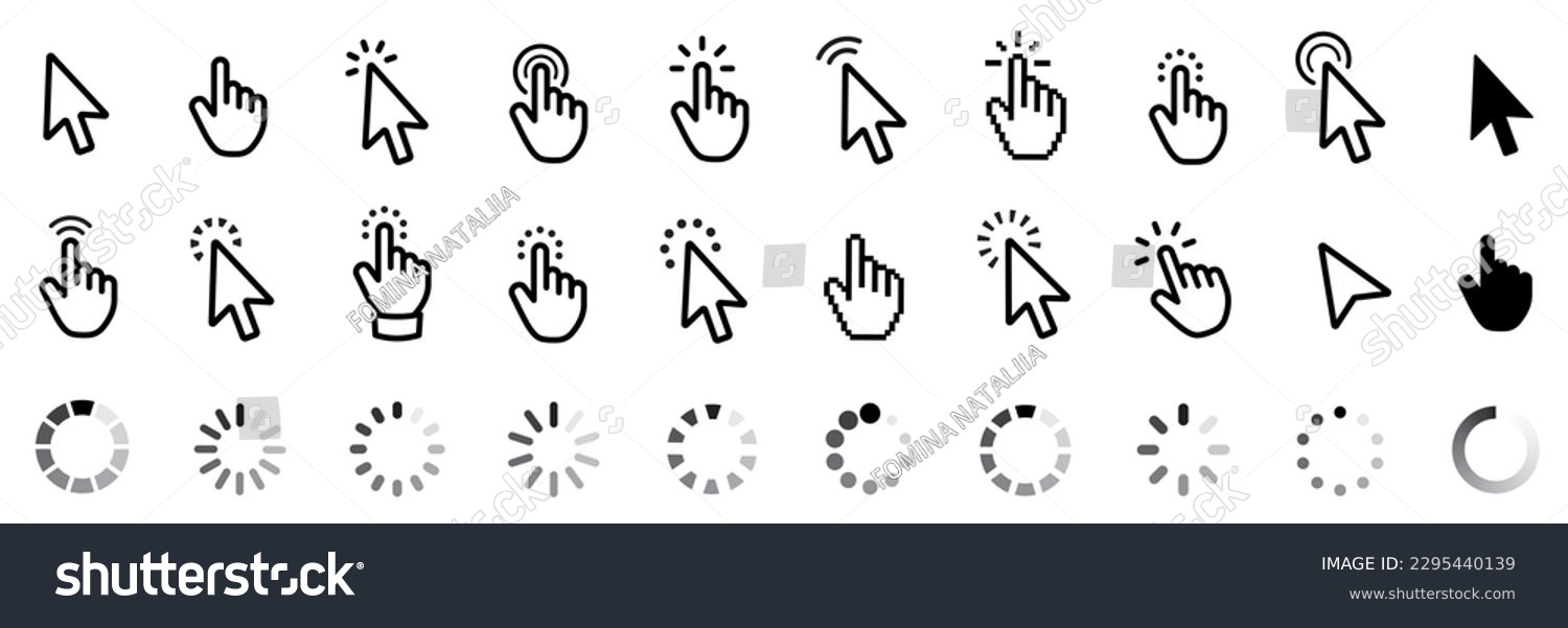 Computer mouse click cursor. Load symbol. Pointer cursor and loading icon. Cursors icons click set. Clicking cursor, pointing hand clicks icons. #2295440139