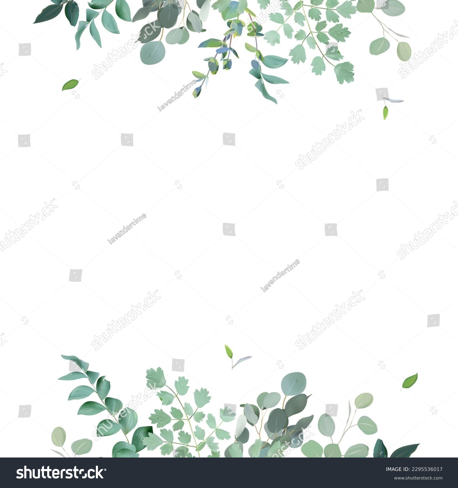 Herbal eucalyptus selection vector frame. Hand painted branches, leaves on white background. Greenery wedding simple minimalist  invitation. Watercolor style card. Elements are isolated and editable #2295536017