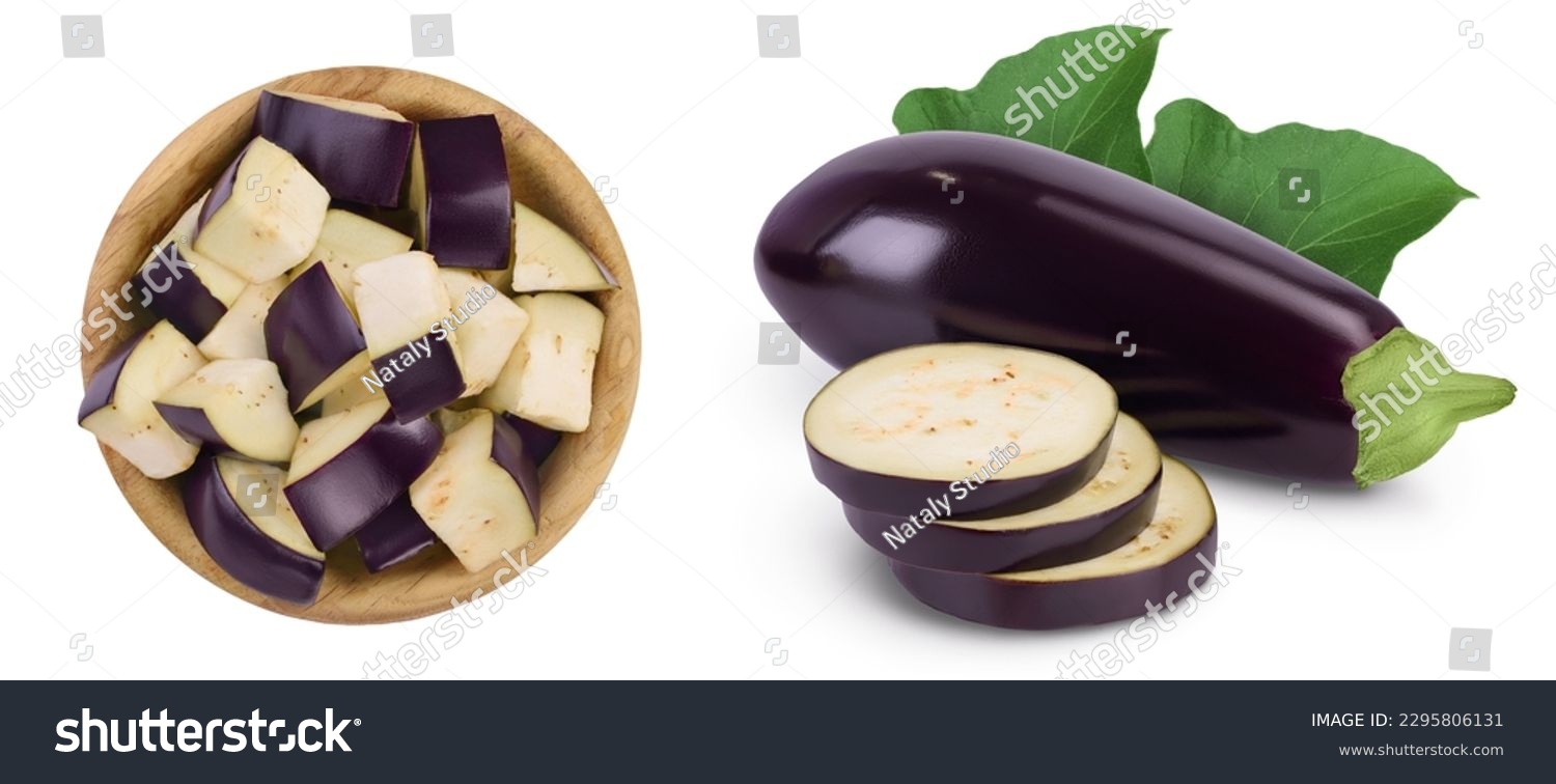 Eggplant or aubergine diced in wooden bowl isolated on white background with full depth of field. Top view. Flat lay. #2295806131