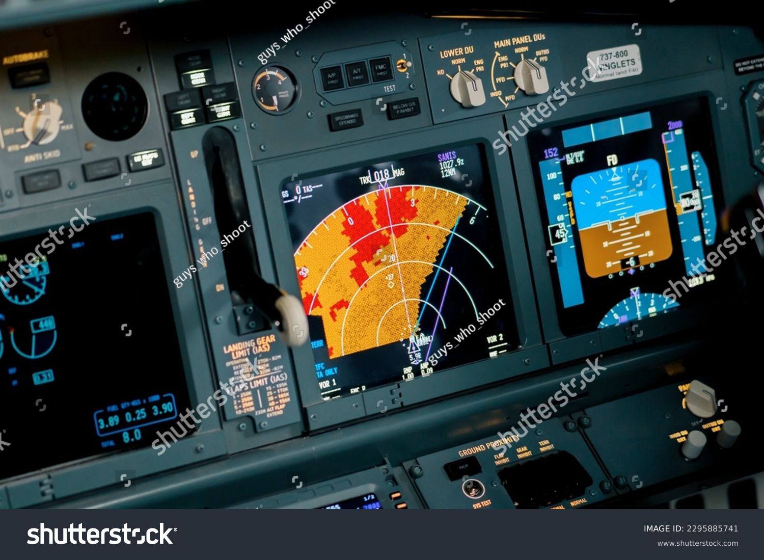 A detailed shot of the radar control and navigation panel in the cockpit of Boeing 737 Flight Simulator plane #2295885741