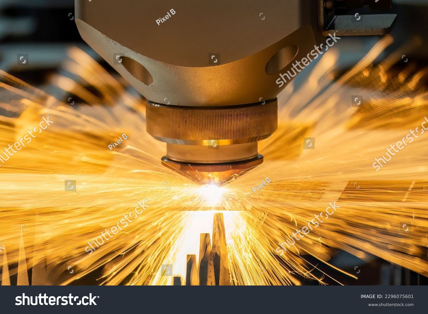 Close-up scene the fiber laser cutting machine cutting  machine cut the metal plate. The hi-technology sheet metal manufacturing process by laser cutting machine.  #2296075601