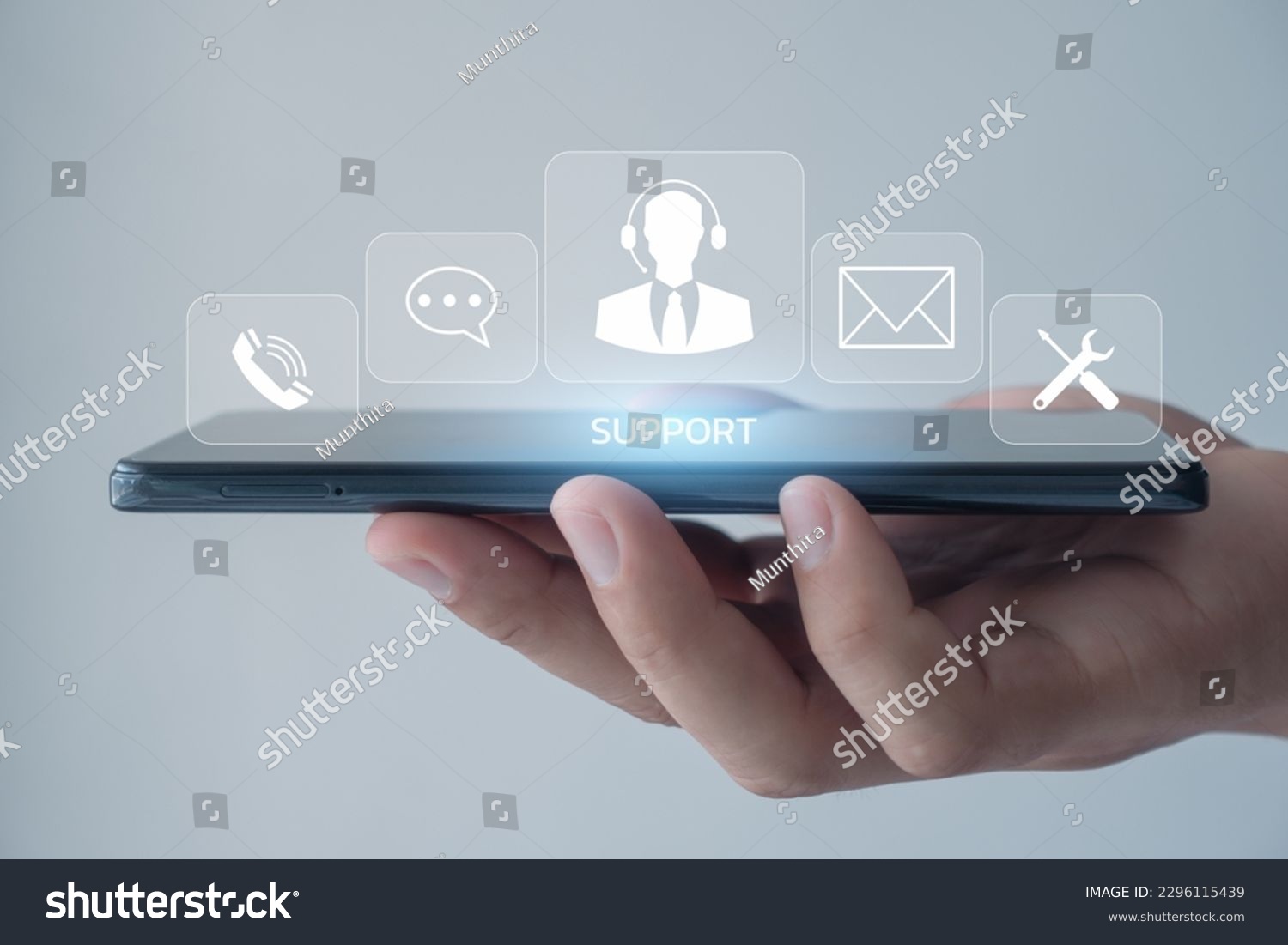 Technical Support Center Customer Service Internet Business Technology Concept. Service support customer help call center Business technology button on virtual screen. Person hand using a smartphone. #2296115439