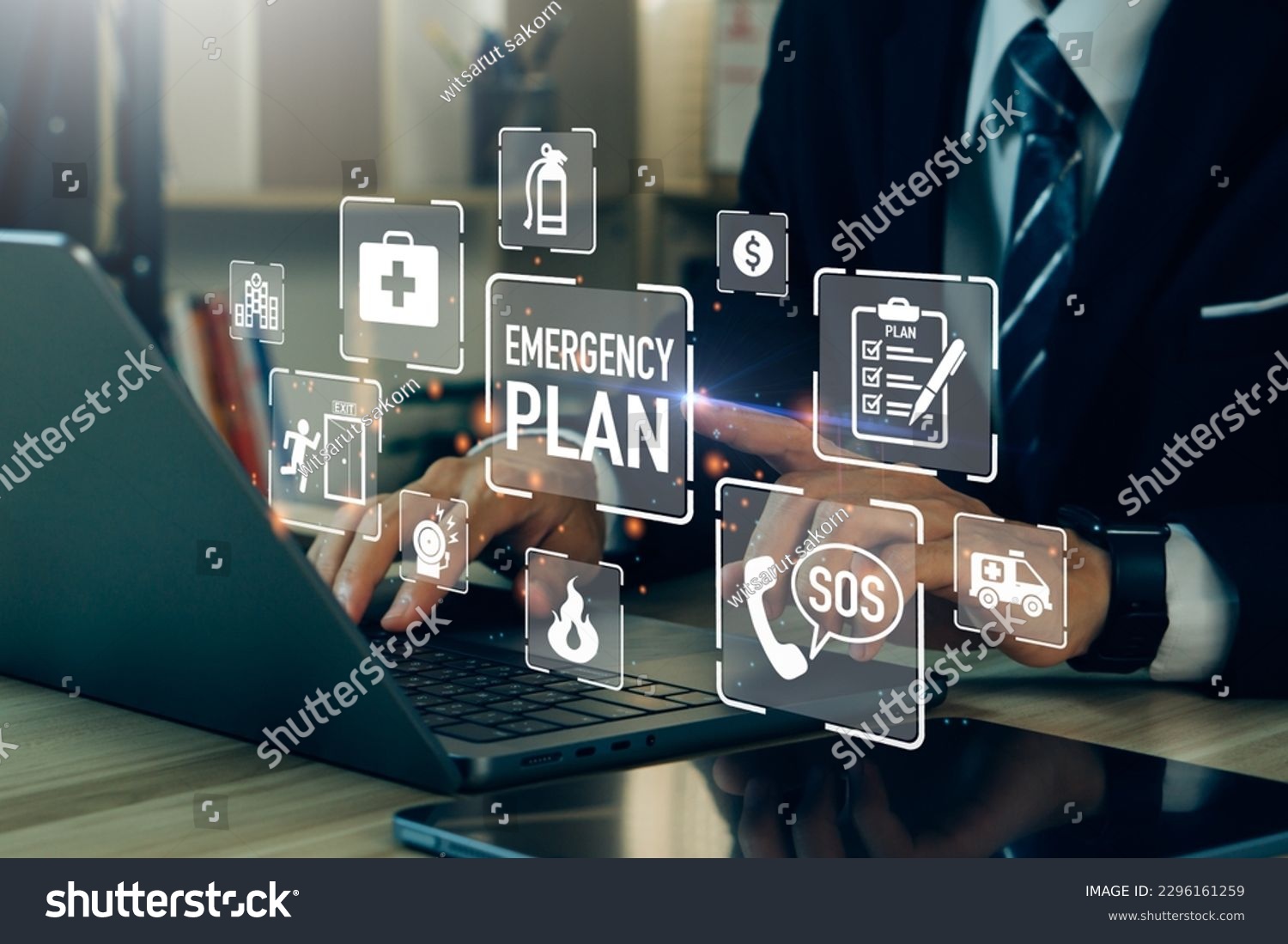 Concept of Emergency Preparedness Plan.Businessman touching Emergency Plan icon to learn and prepare in emergency situation .Business Evacuation Training concept. #2296161259