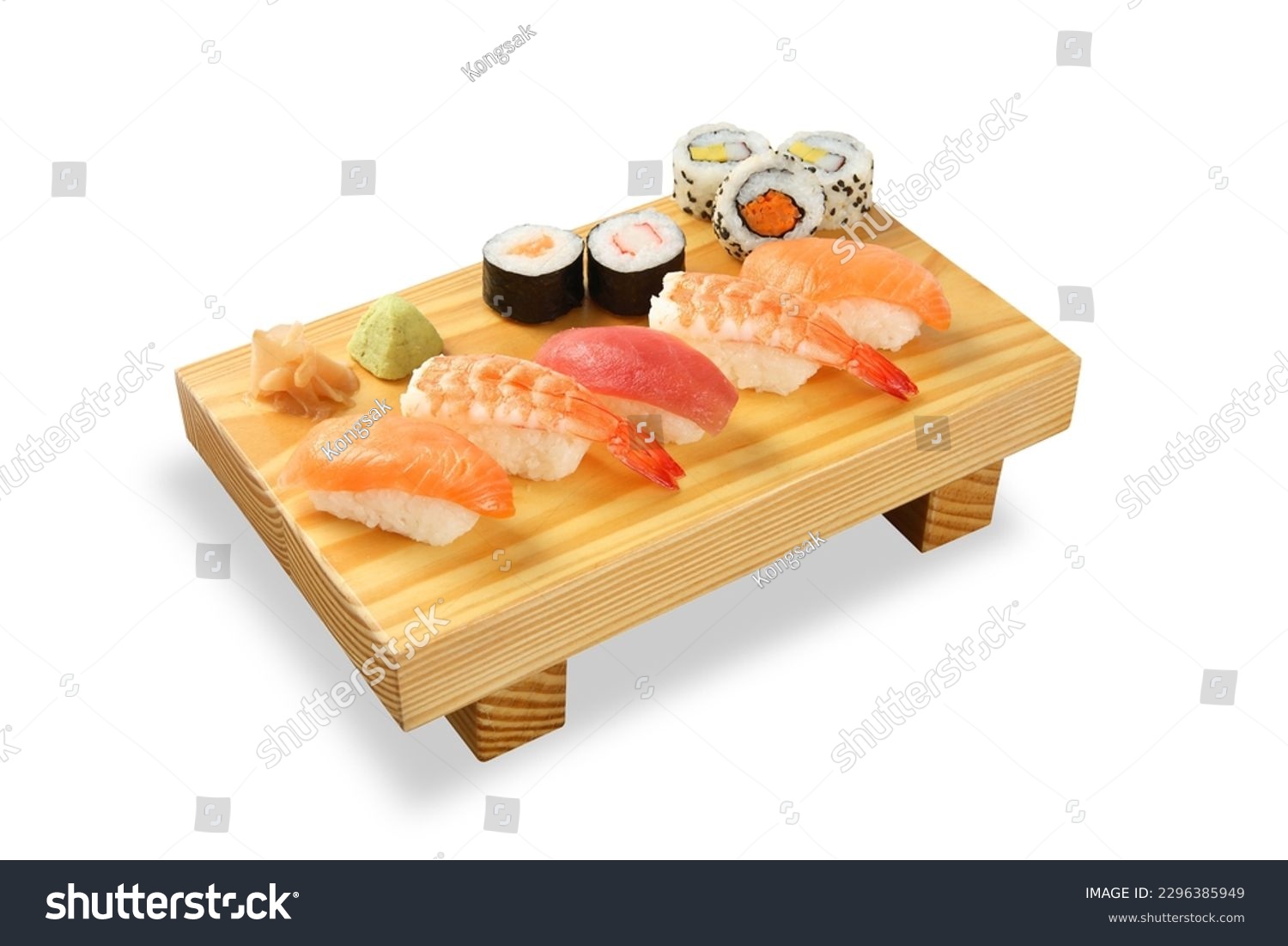 Sushi Rolls on bamboo board isolated on White background #2296385949