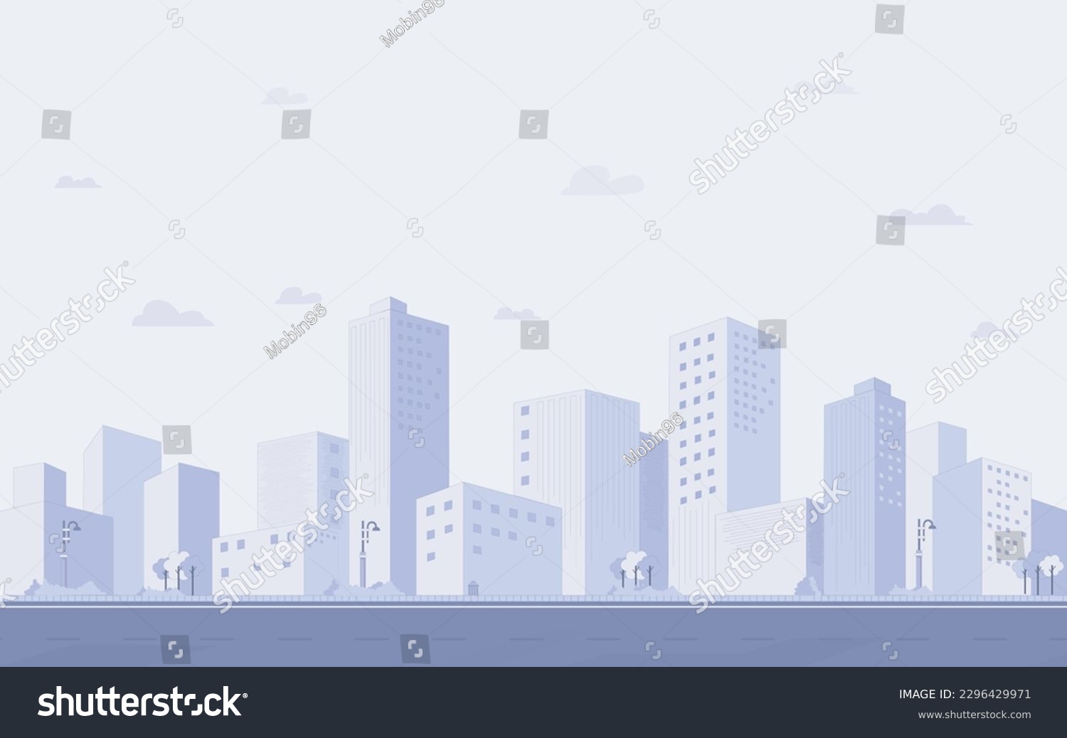 Purple cityscape background, City buildings and trees at city view. Monochrome urban landscape with clouds in the sky. Modern architectural flat style vector illustration. #2296429971