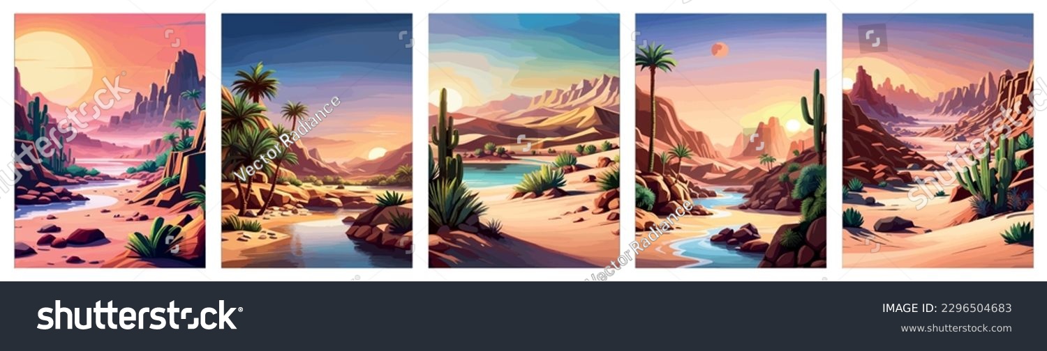 Desert background Summer with sun, sand, clouds, palms Trees Vector design style Nature Landscape. Digital illustration desert oasis with cacti. Cacti flowers coming out of the ground with sand hills  #2296504683