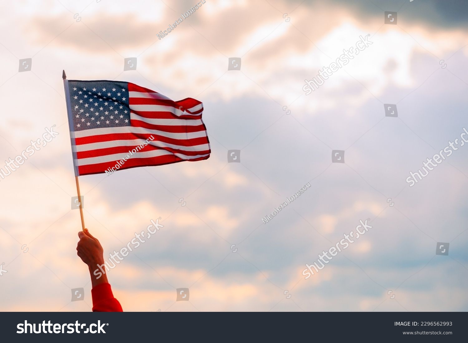 
Hand Waving the Flag of the United Stated of America. Optimistic person holding American flag celebrating citizenship
 #2296562993