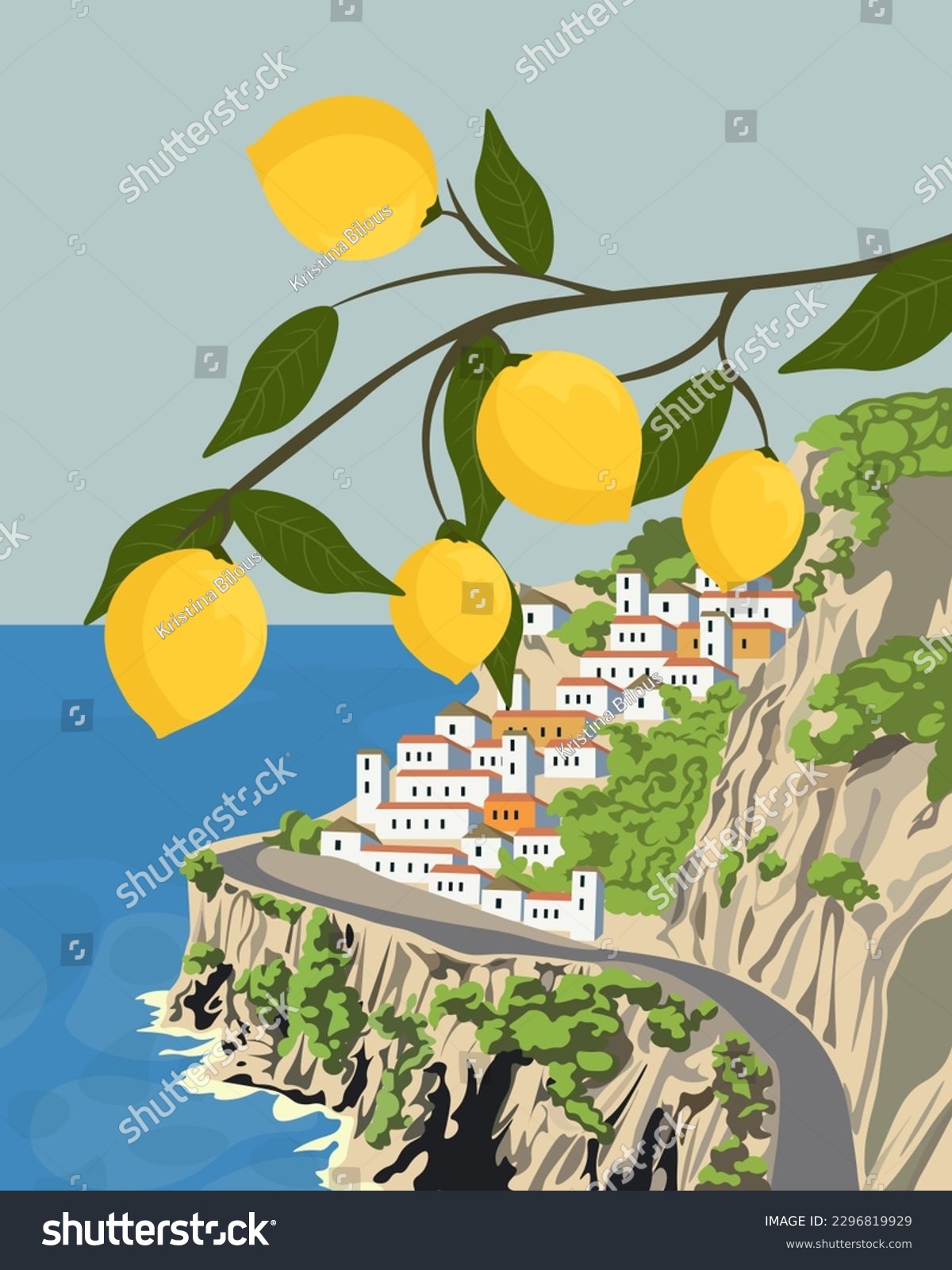 Vector illustration. Amalfi, Italy. Travel poster. Design for posters, banners, advertisements, postcards. #2296819929