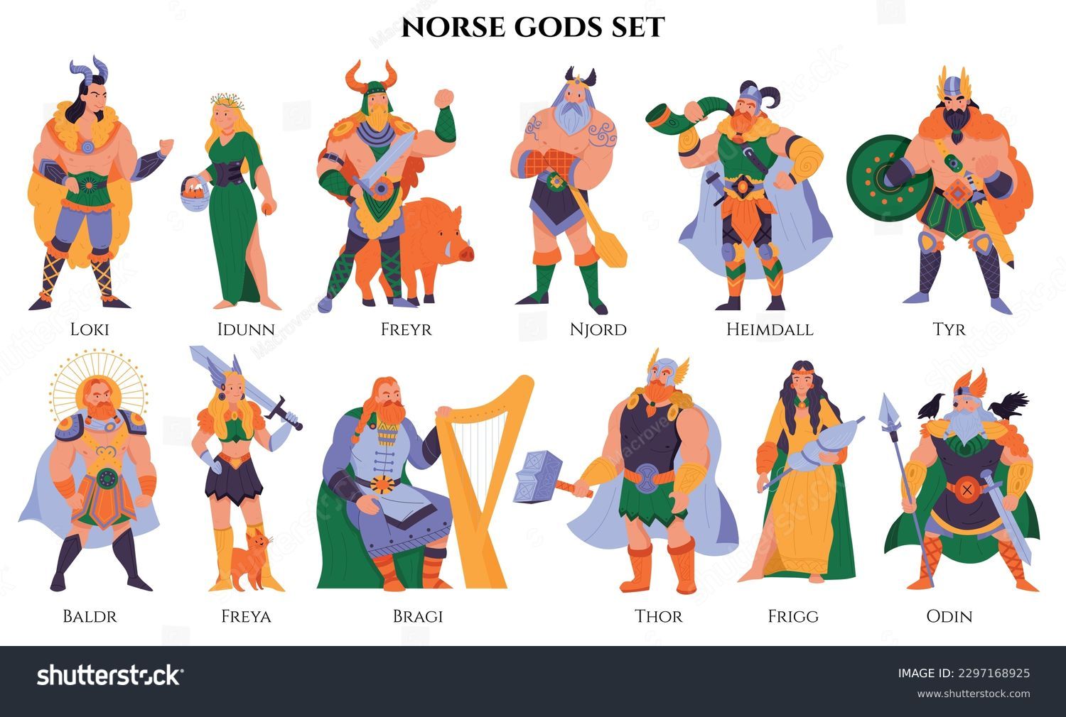 Norse gods set with isolated cartoon style characters of mythical gods with text on blank background vector illustration #2297168925