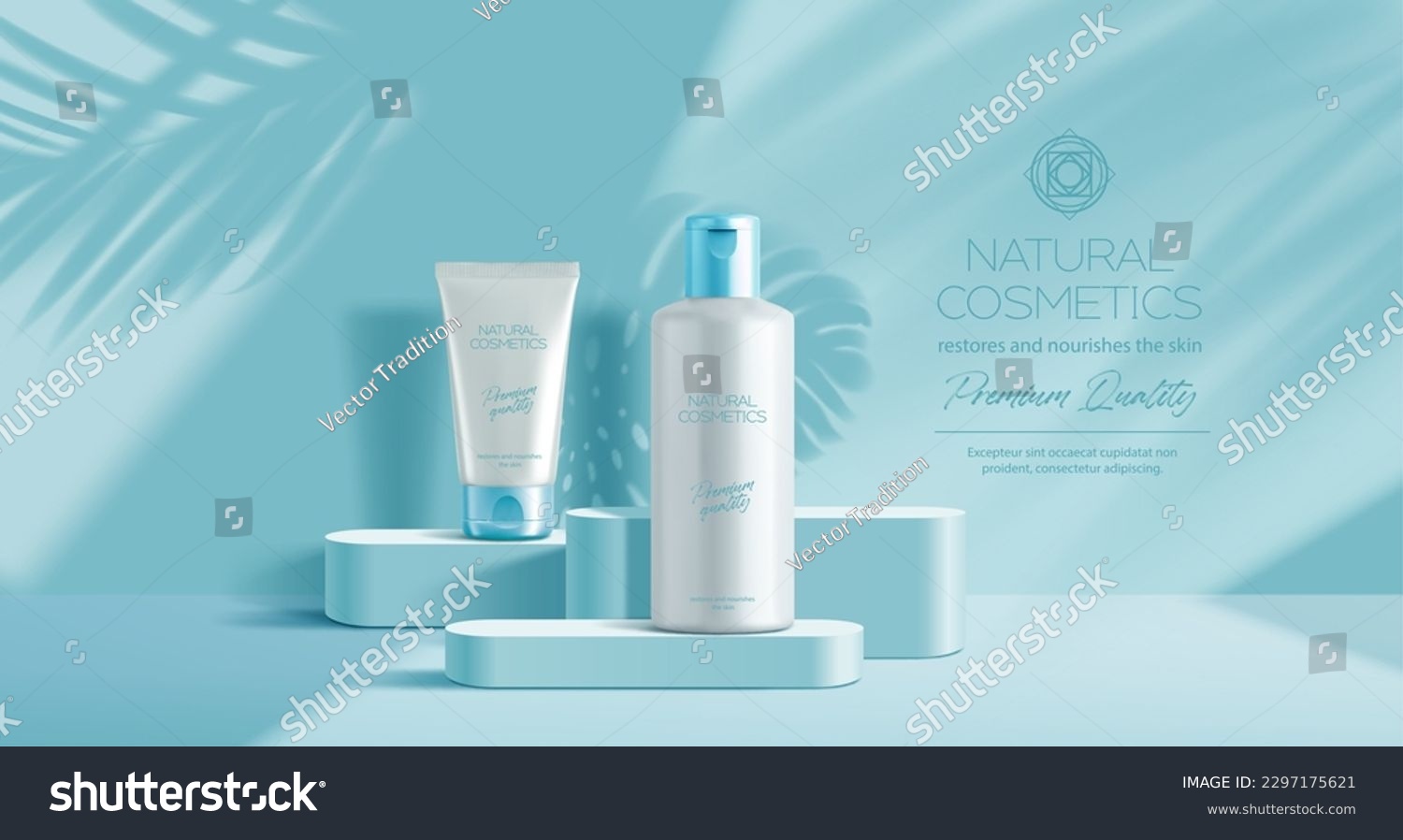 Blue podium mockup with cosmetics. Vector beauty product bottles on pedestal and palm leaves shadow on the wall. Promotional advertising banner with cream tube and shampoo packaging realistic mock up #2297175621